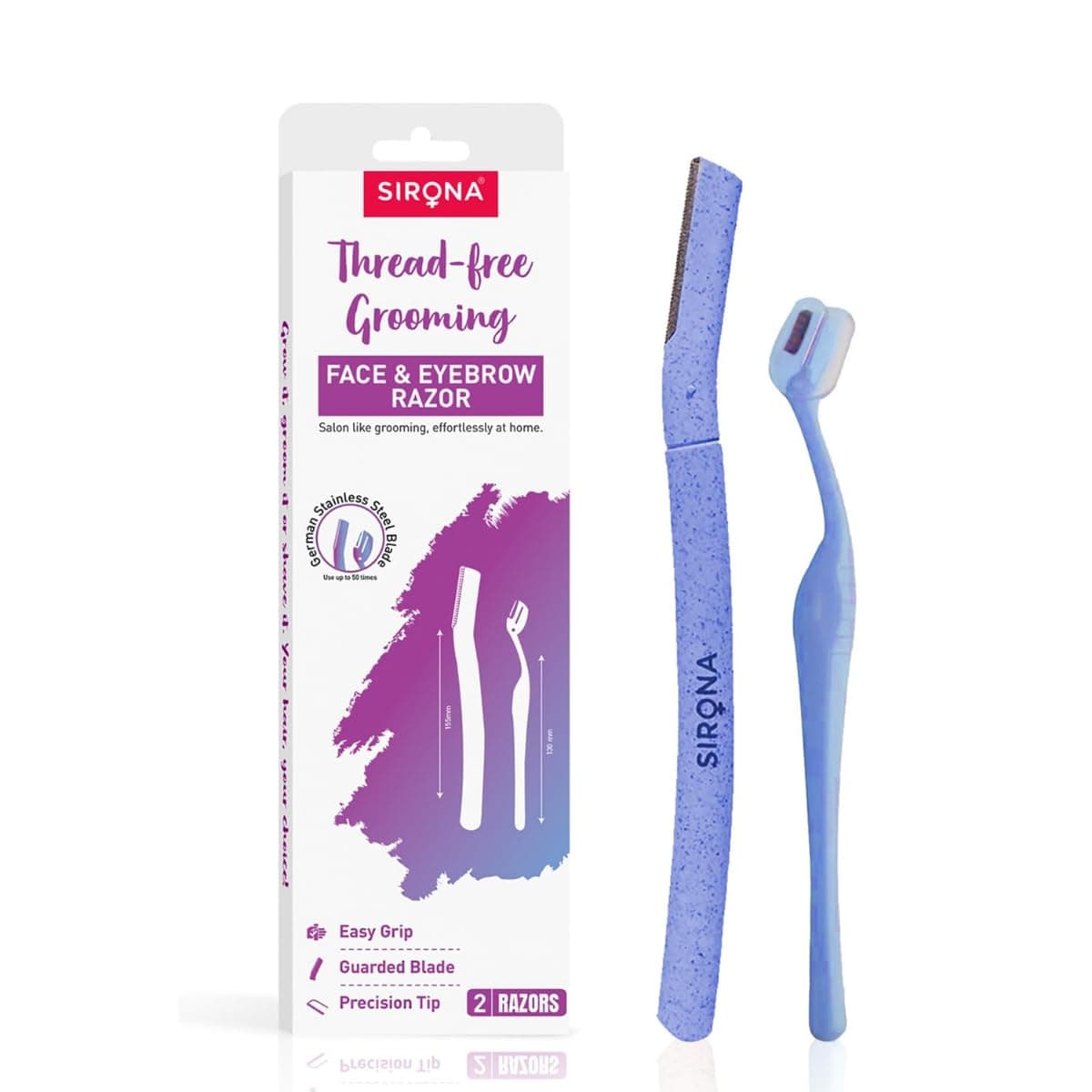 Sirona Reusable Face Razor & Eyebrow Razor Combo for Women (Pack of 2) | Dual Razor Set with Stainless Steel Blades | Facial Hair Removal with Precision Tip & Guarded Edge | Compact, Safe & Easy Grooming Tools