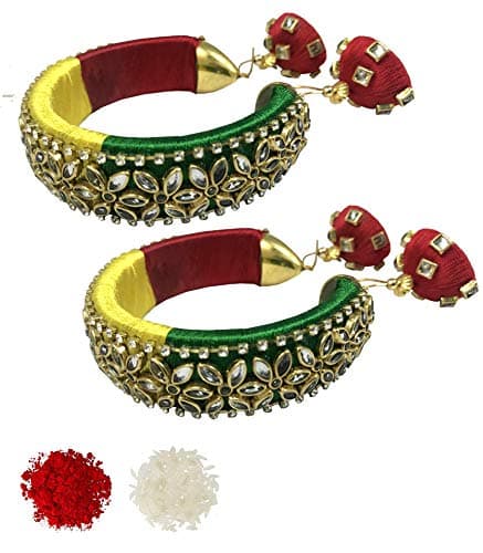 Evisha Women's Beautiful Stone Work Traditional Lumba Chuda Hanging Rakhi/Kada Combo Set (78, 2 Pcs, Multicolour) and bhabhi
