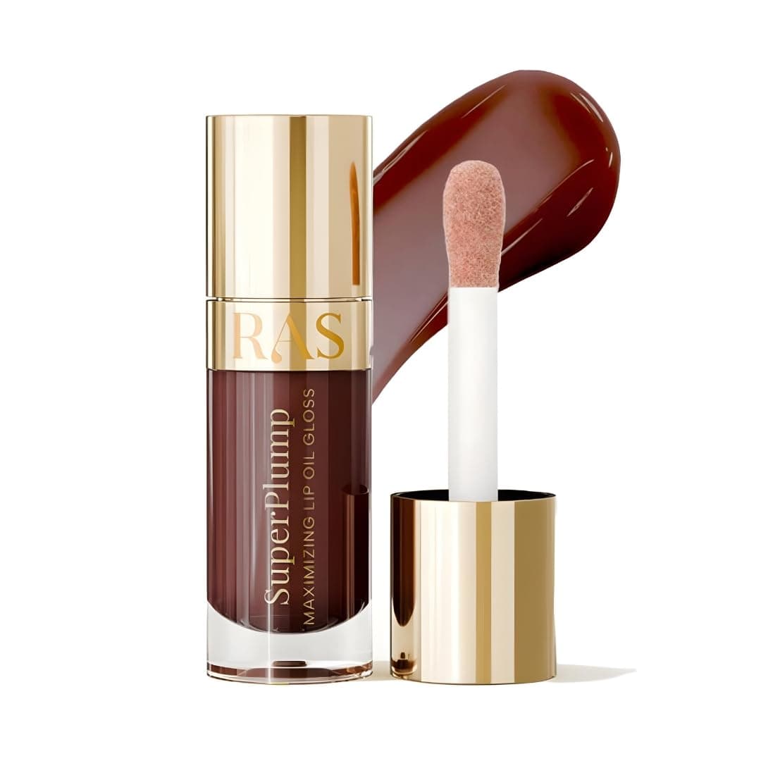 RAS Luxury Oils Hydrating 4-in-1 Super Plump Lip Oil Gloss, Balm, Plumper & Gloss with SPF 20 | Enriched with Natural Oils, Peptides & Hyaluronic Acid - Espresso Glow