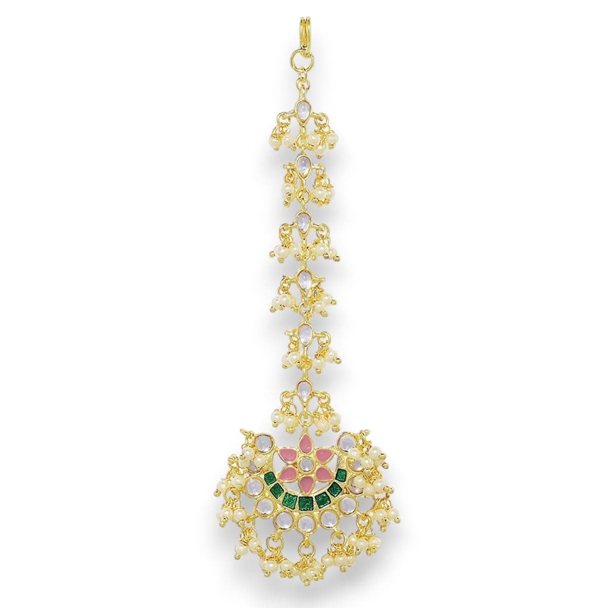 Accessher Gold Plated Traditional Multicolour Meenakari and Kundan Embellished Chandbali Style Maang Tika Embedded with Tiny Pearls for women and Girls