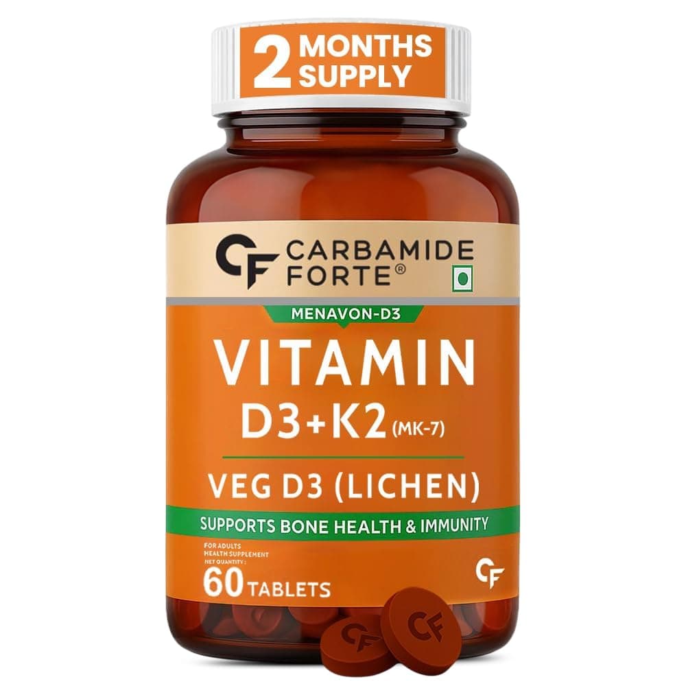 Carbamide Forte Vitamin D3 K2 Supplement | Vitamin K2 MK7 to support Bone & Heart Health | Veg D3 Lichen - 60 Tablets