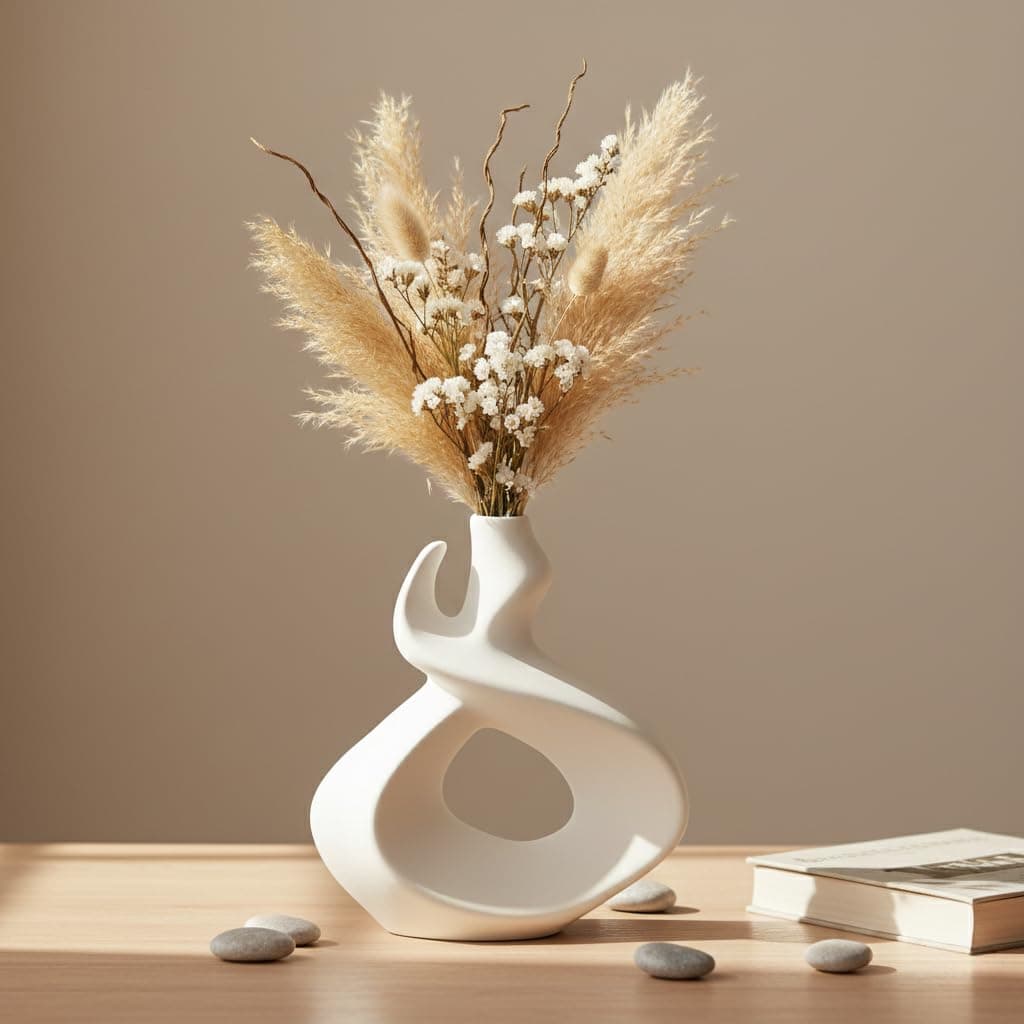 PUREZENTO 'Loop' White Ceramic Vase - 8 Inch (Pack of 1) | Decorative Flower Vase for Modern Home Decor, Living Room, Office & Bedroom | Vases for Pampas Grass, Fresh, Dried & Artificial Flowers