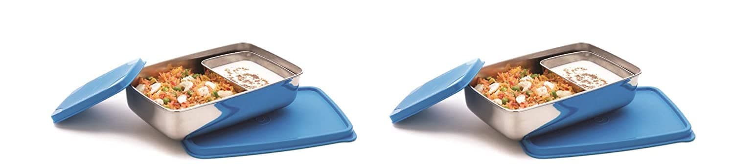 Signoraware Compact Small Steel Lunch Box, Set of 4, 150 Ml+ 150 Ml+ 550 Ml+ 550 Ml, Blue