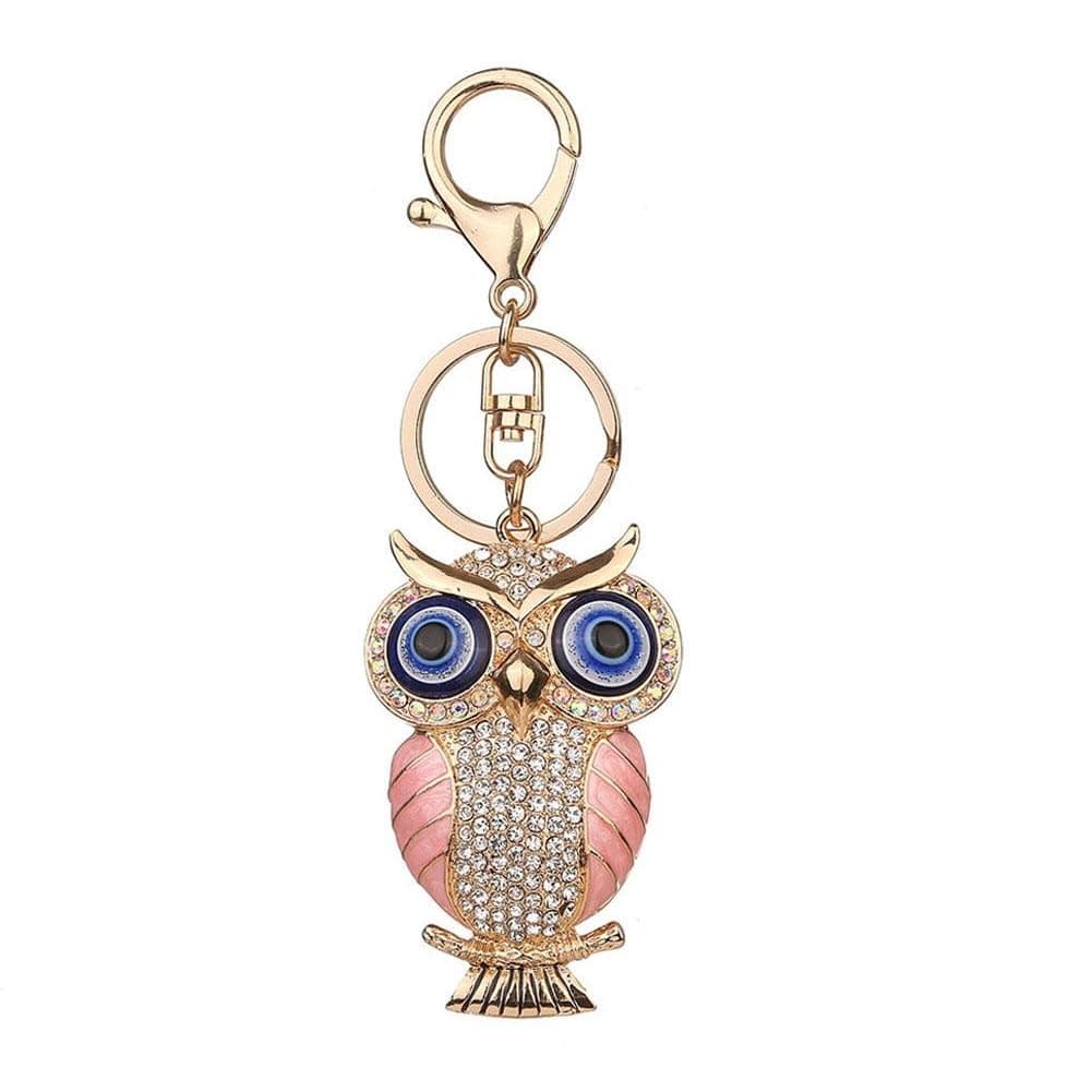 BLUE BEADS Gold Color with Evil Eye Crystal Owl Keychain For Bike/Car Gifting With Key Ring (Pink)