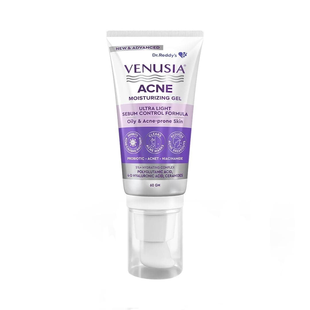 Dr. Reddy's Venusia Acne Moisturizing Gel For Oily & Acne Prone Skin | Ultra-light Sebum Control Formula With 5%+ Hydrating Complex, Polyglutamic Acid, 4-D Hyaluronic Acid and Ceramide | Advanced Care For Clear, Balanced & Healthy Skin | Unisex Face Gel | 60 gm