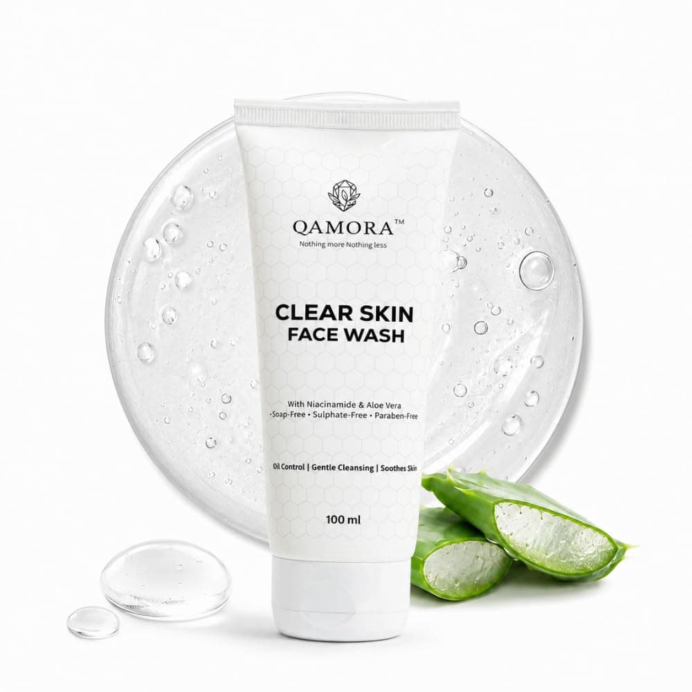 QAMORA Clear Skin Face Wash with Niacinamide, Aloe Vera & 1% Zinc PCA | Soap-Free, Sulphate-Free, Paraben-Free, pH Balanced | Oil Control, Gentle Cleansing & Acne Care | Face Wash for Oily, Combination & Sensitive Skin | Men & Women | 100ml