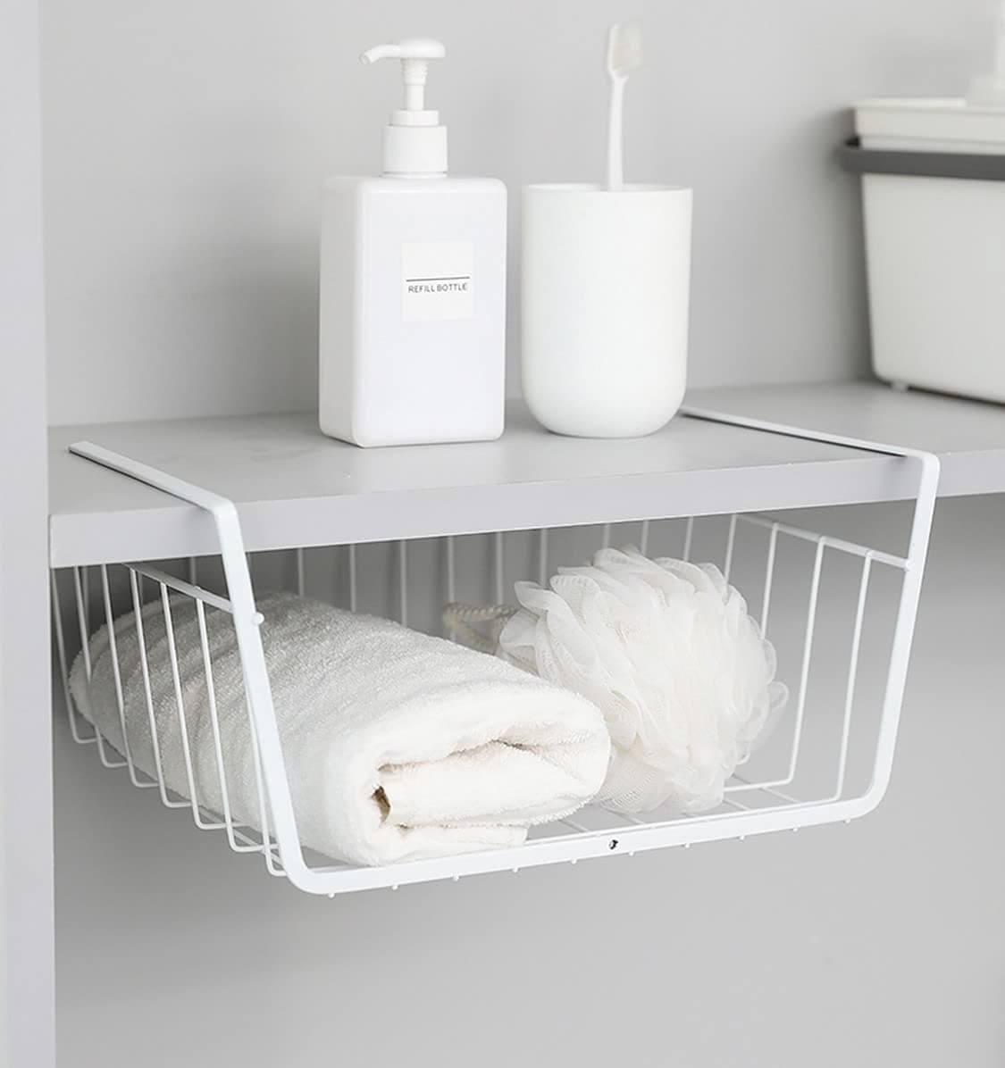 Wolpin Shelf Basket Multifunctional Storage Basket Kitchen Bathroom Storage Rack Under Cabinet Storage Organizer Basket Wire Rack Powder Coated Iron (White, Pack of 1, Hanging Shelves)
