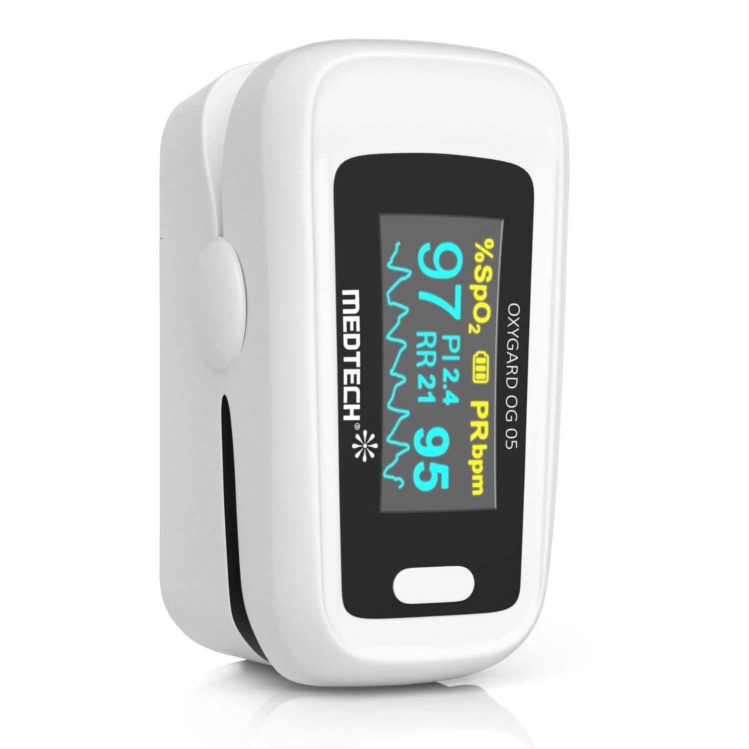 Medtech OG05 - Fingertip Pulse Oximeter | Blood Oxygen Saturation and Heart Rate Monitor | SpO2 Oxygen Meter | Finger Pulse oximeter | 4 Parameters - Perfusion Index, Respiratory Rate, Oxygen Level and Pulse Rate | High Accuracy | 12 Months Warranty
