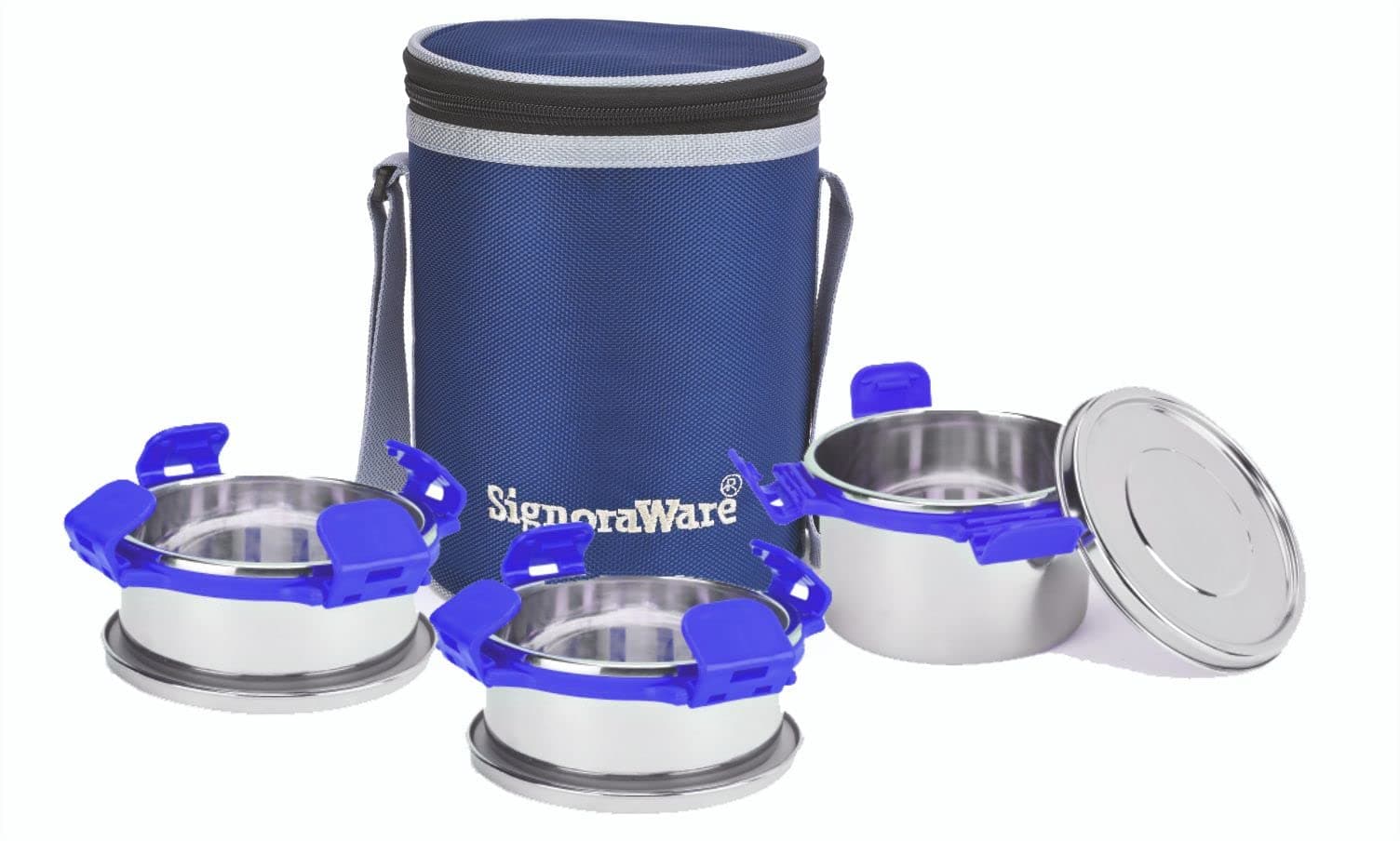 Signoraware All Executive Stainless Steel Big Lunch Box with Bag | Airtight & Leakproof | Lightweght | Ideal for Picnic & Outdoors | Preserve Freshness | Compact Design (500ml + 350mlx2 | Violet)