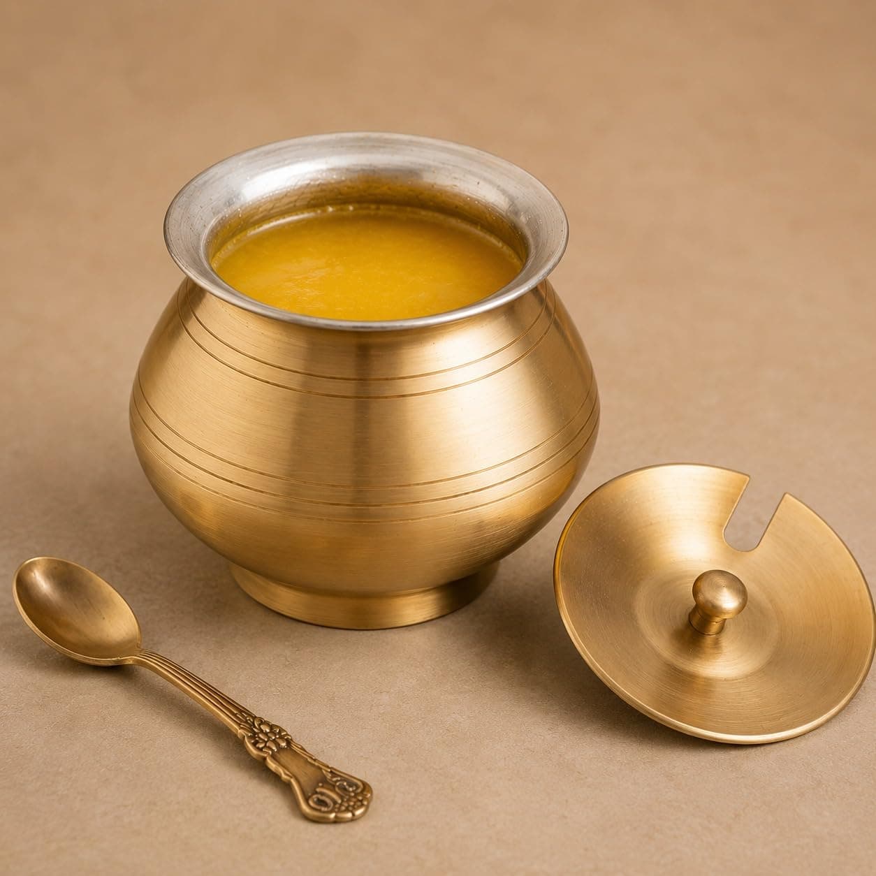 The Advitya Brass Ghee Container with Spoon | Ghee Pot with Tin Coating | Oil Storage Jar for Kitchen | Handcrafted Condiment Storage Container | 300 ml