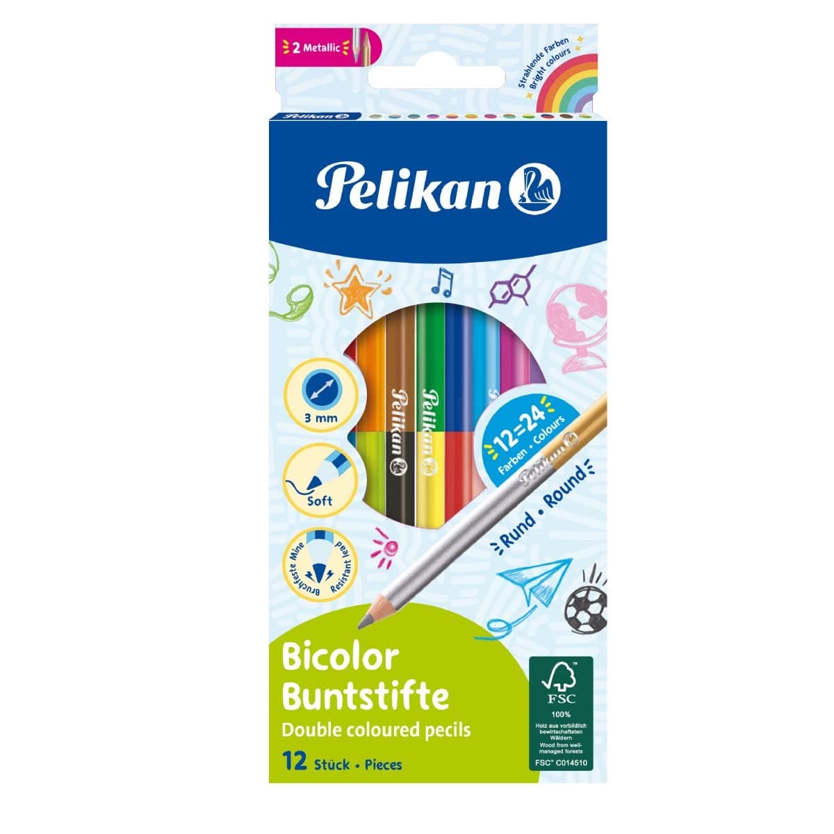 Pelikan 700146 12 Bicolour Colouring Pencils, 24 Colours, Round, Each Colouring Pencil with 2 Different Coloured Ends, Colour Varnished in Lead Colour