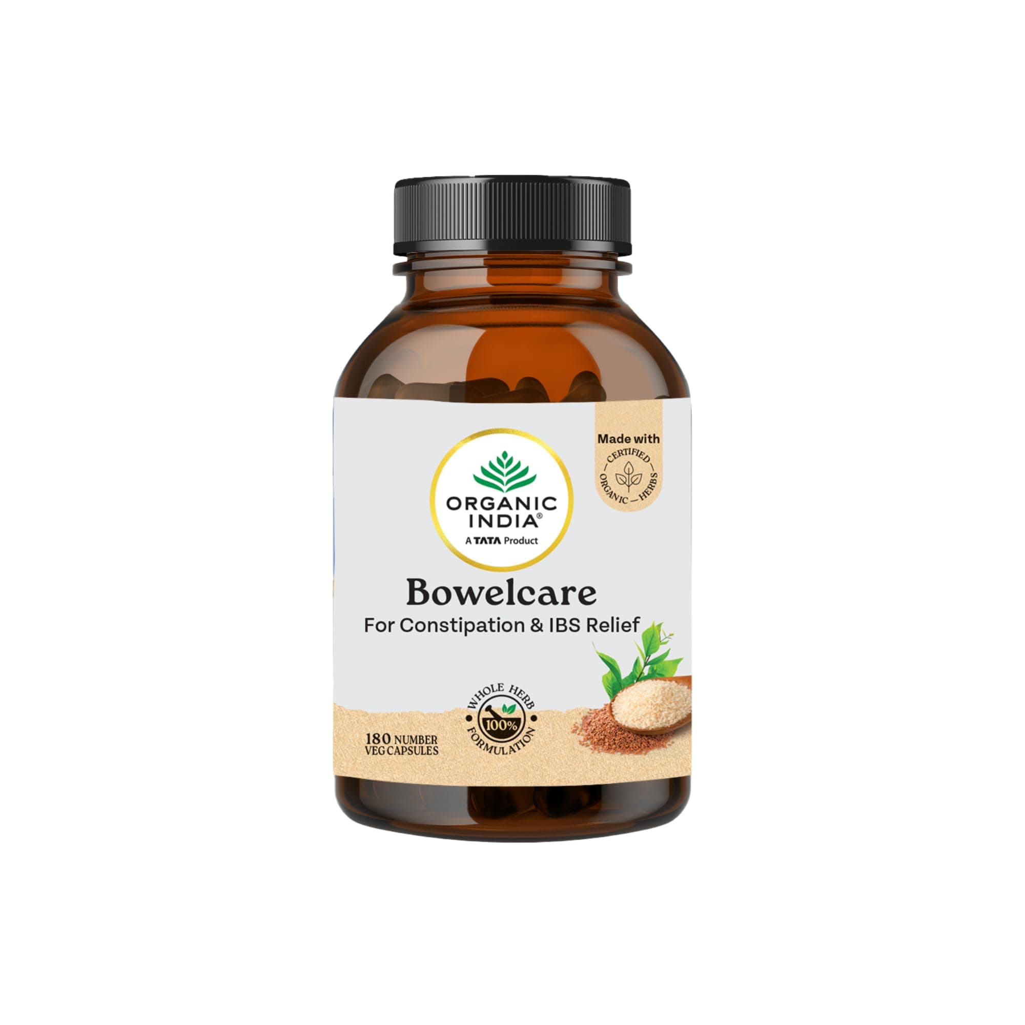 A TATA Product - Organic India Bowelcare - 180 Veg Capsules, Helps Relieve Constipation, Hyperacidity & IBS, Clean & Lubricate Bowel, Normalizes Digestion & Elimination, GMP & NPOP Certified Organic