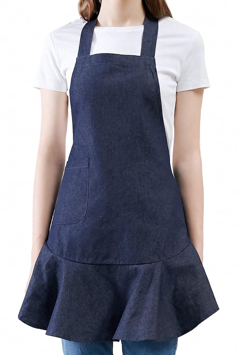 LilMents Women's Retro Denim Kitchen Bib Chef Apron, Navy Blue, X-Small to X-Large
