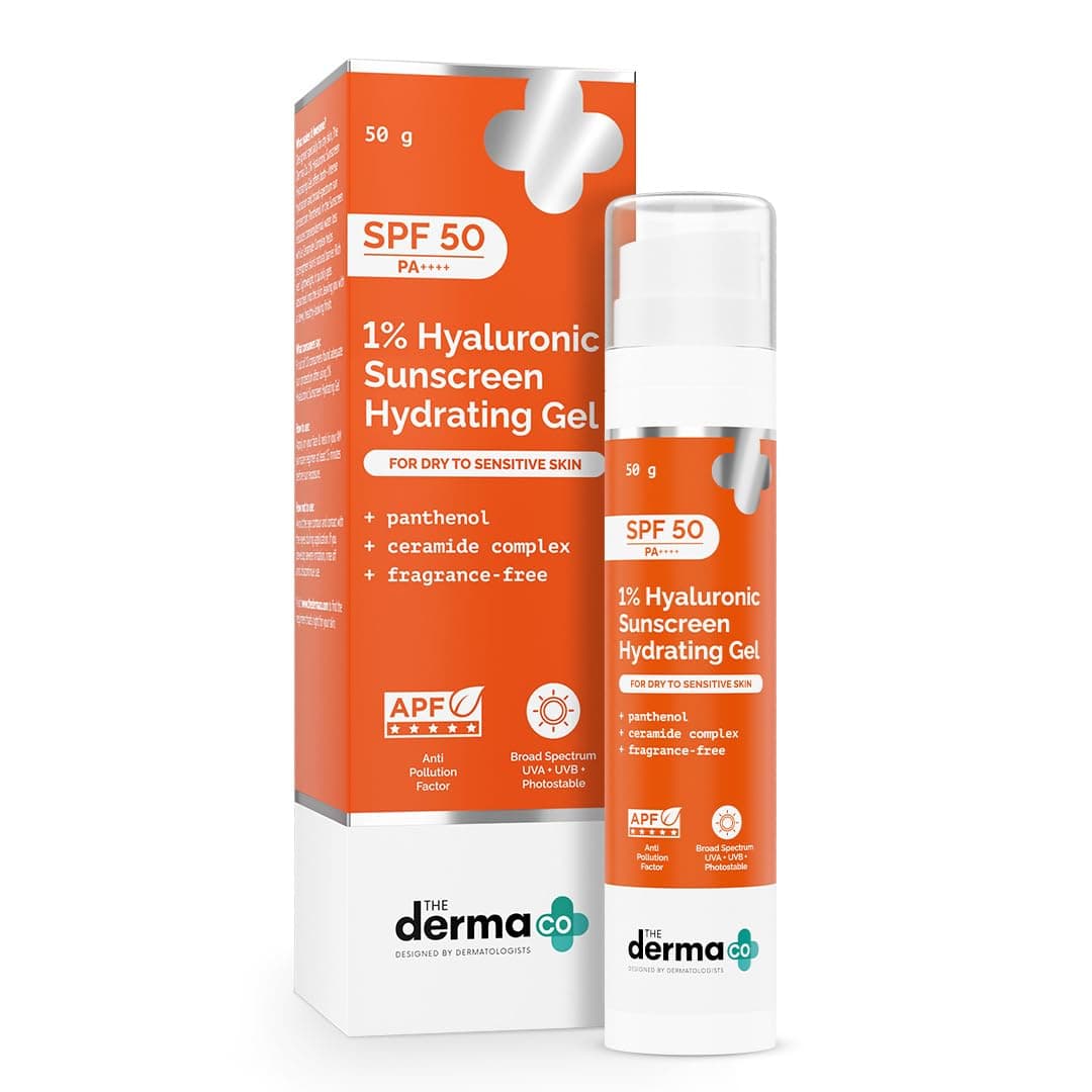 The Derma Co 1% Hyaluronic Sunscreen Hydrating Gel SPF 50 PA++++ | For Dry, Sensitive Skin | Lightweight Texture | No White Cast | UVA/UVB, Broad Spectrum Protection & Blue Light Protection | Non- Comedogenic | Clinically Tested - (In -Vivo) | Tan Protection | Photostable | For Men & Women | 50 g