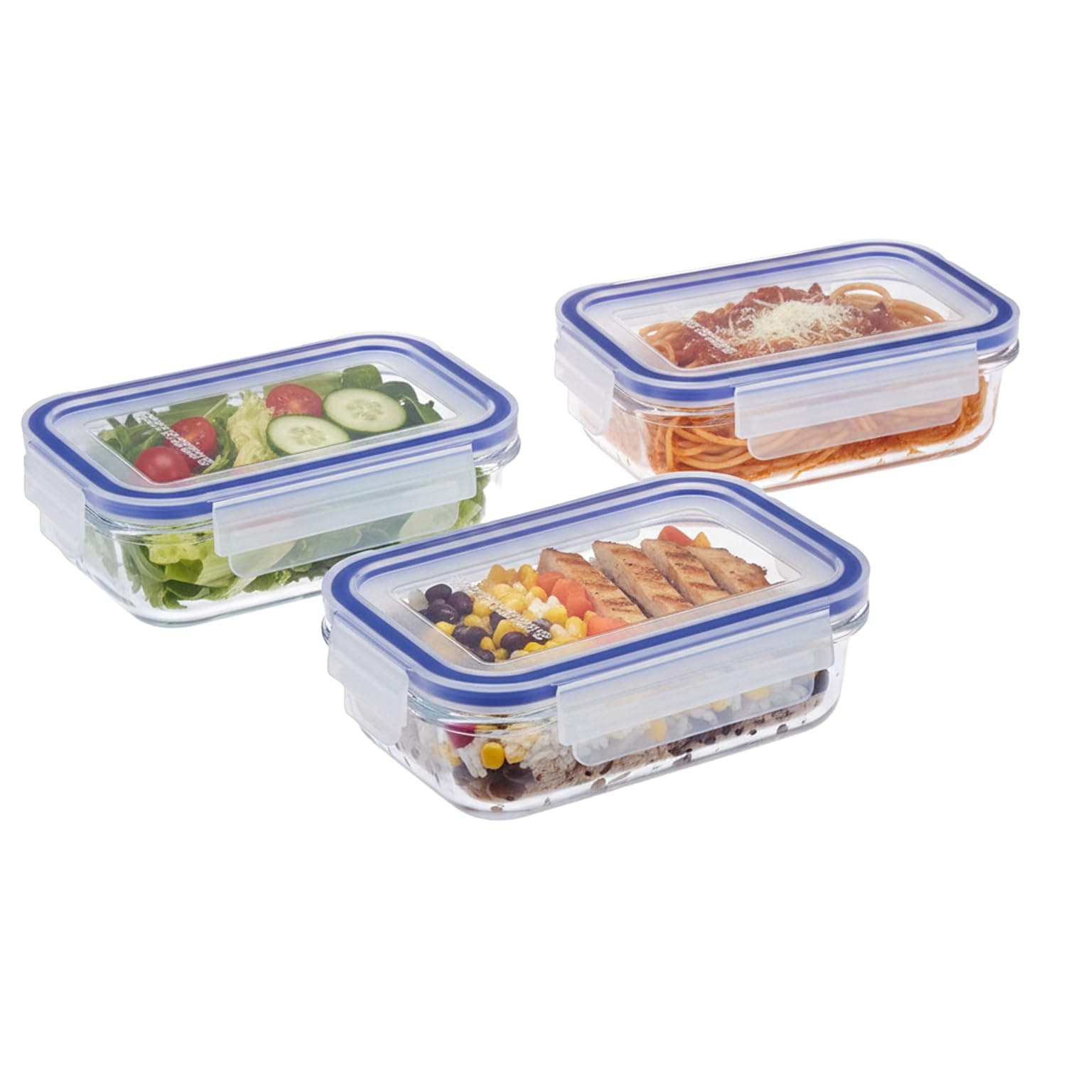 Amazon Brand - Solimo Rectangular Glass Food Storage Container, 340 ml - Set of 3, Airtight & Leakproof, Microwave & Freezer Safe, Transparent
