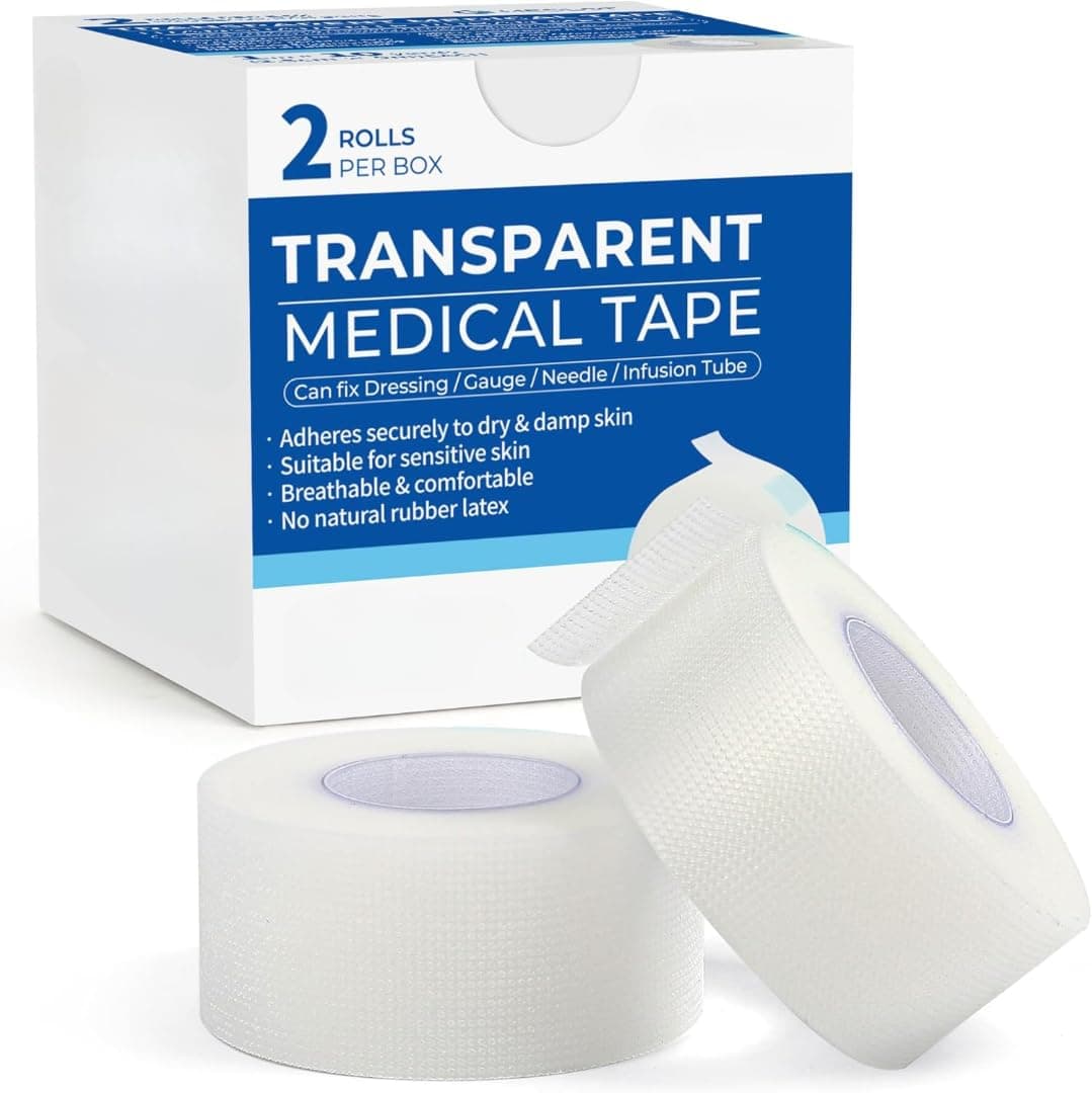 Rexez Transparent Medical Tape 2 Rolls | Clear Hypoallergenic Surgical PE Adhesive Tape for Wounds & Bandages, Latex Free First Aid Tape for Sensitive Skin