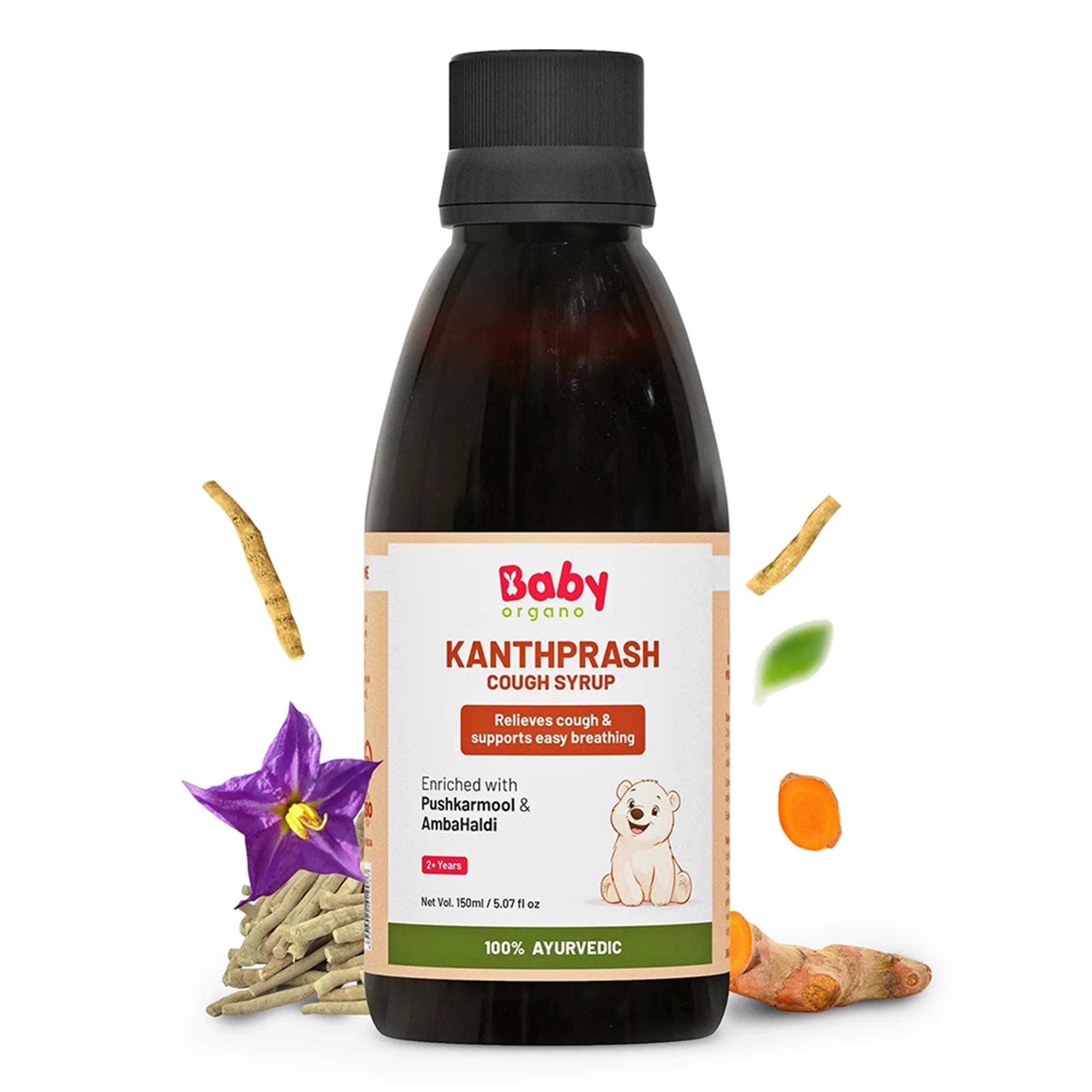 BabyOrgano Kanthprash Ayurvedic Cough Syrup for Kids & Adults 2+ Yrs | Pushkarmool Mulethi Amba Haldi & Kantakari | Dry Wet Cough & Sore Throat Relief | Non-Drowsy | Preservative Free | AYUSH Approved | 150ml