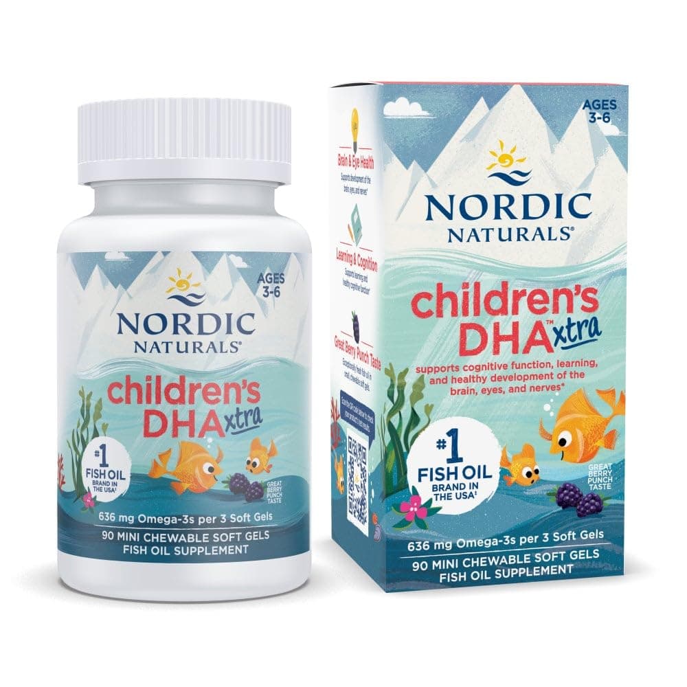 Nordic Naturals Children'S DHA Xtra|Fish Oil For Kids 636 Mg Omega 3 EPA & DHA For Kids Supports Brain Development (Age 1-6 Yrs) Berry Punch 90 Fish Oil Gummies -Mini SoftGel, 0.06 grams