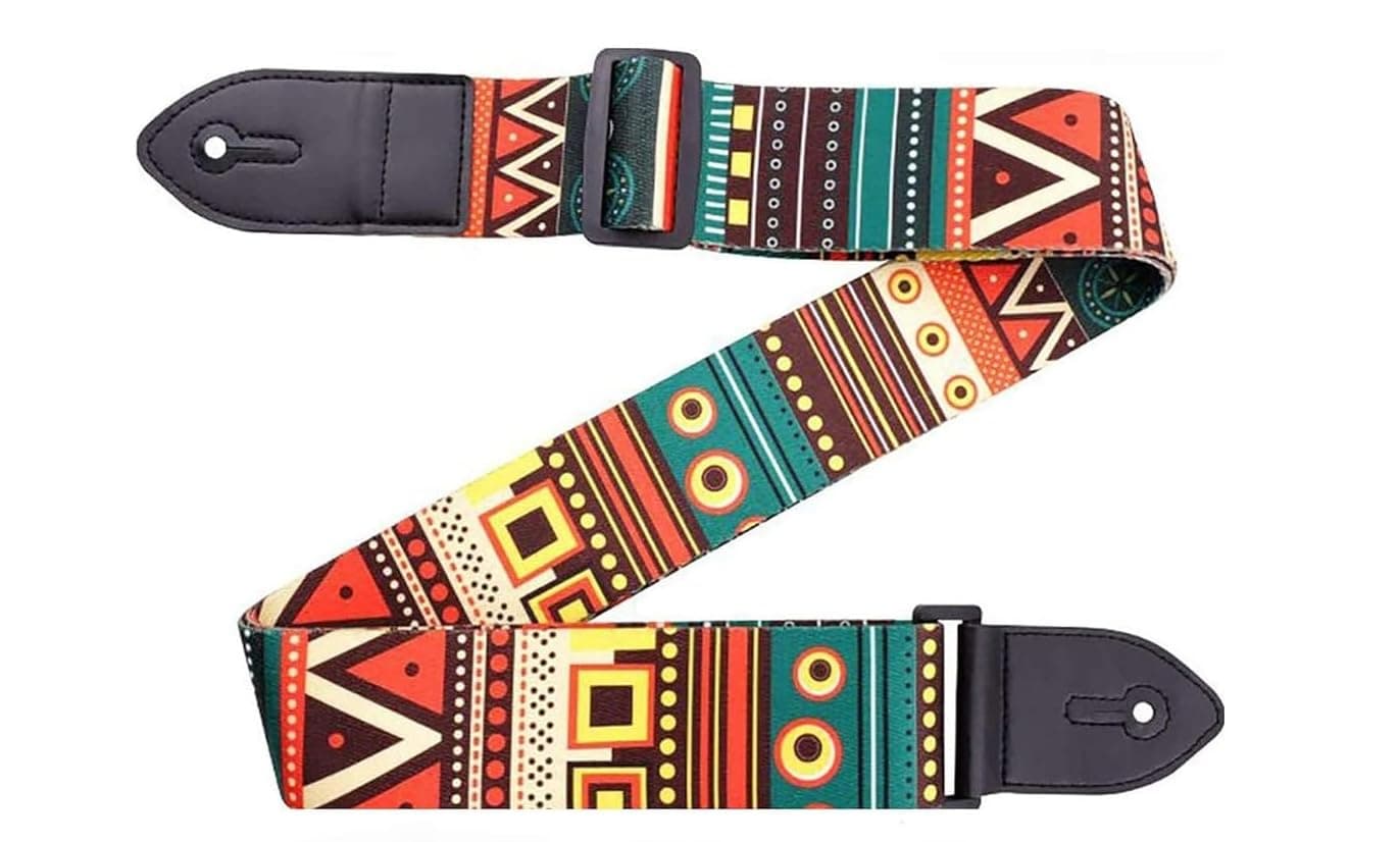 Juarez Guitar Strap – Soft Adjustable Strap with PU Leather Ends, 35"-60", 2" Wide, Ethnic Print – For Acoustic, Electric & Bass Guitars – JRGST200FN (Green Retro)