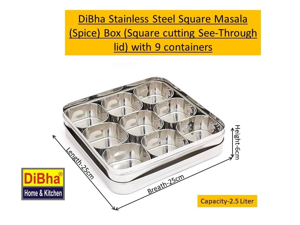 DiBha Kitchen essential Stainless Steel 7 Container Spice Masala Dabba Spices Box With Transparent Fiberglass lids