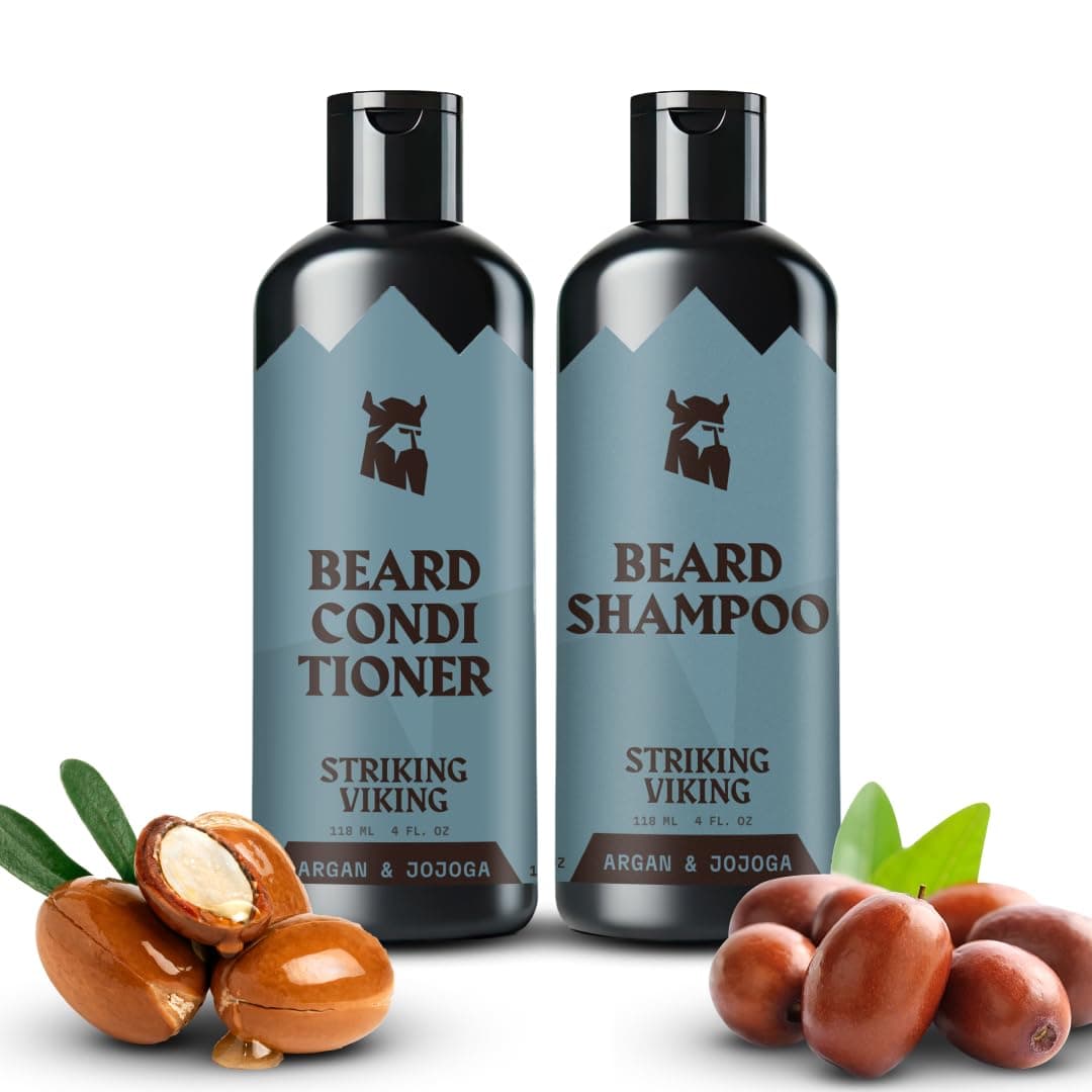 Beard Shampoo and Beard Conditioner for Men, All-Natural Beard Wash Set Cleanse Softens & Conditions with Organic Argan and Jojoba Beard Oils, Sulfate & Paraben Free by Striking Viking