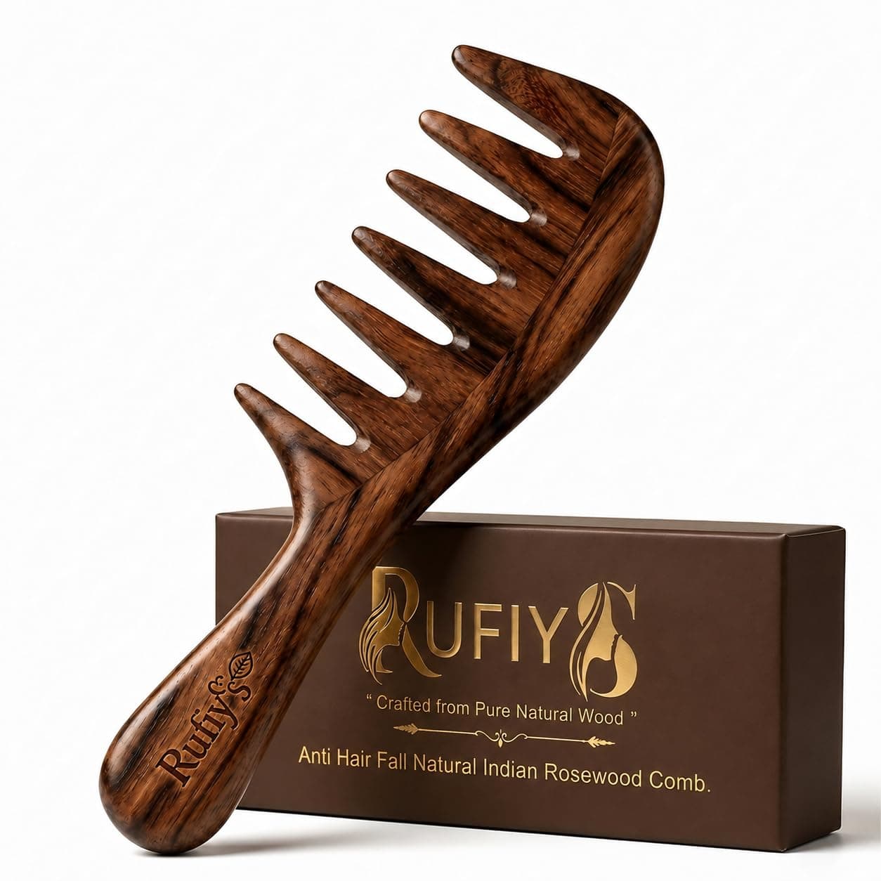 Anti–Hair Fall Indian Rosewood Wooden Comb for Hair – Anti Static Sheeham Wood Comb – Extra Wide Tooth Natural Hair Comb for Men & Women – Handmade Detangling Comb for Curly , Thick & Long Hair – Anti Frizz Scalp Massage – Pack of 1