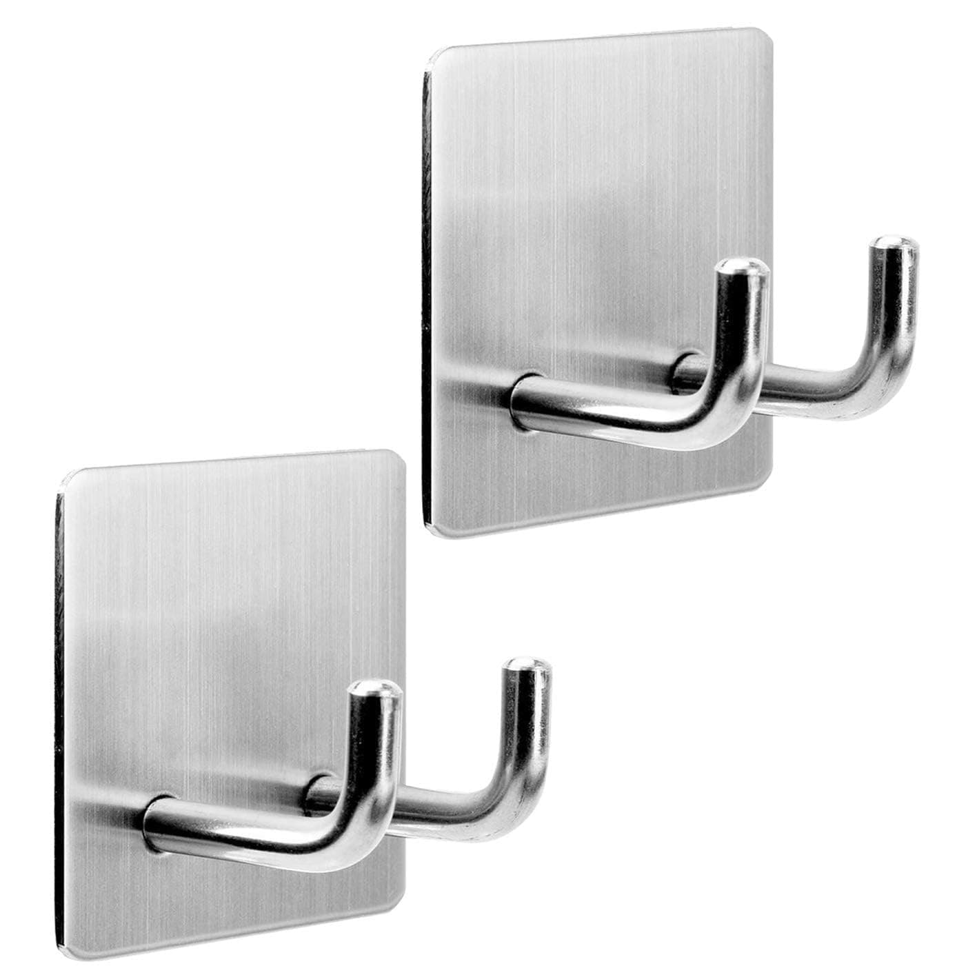 JIALTO 2 Pcs Self-Adhesive Stainless Steel Hooks: Heavy-Duty, Waterproof Wall Hangers for Bathroom and Kitchen - Strong Hold for Coats, Towels, and More, No Drilling Needed (Double J Hook Silver)