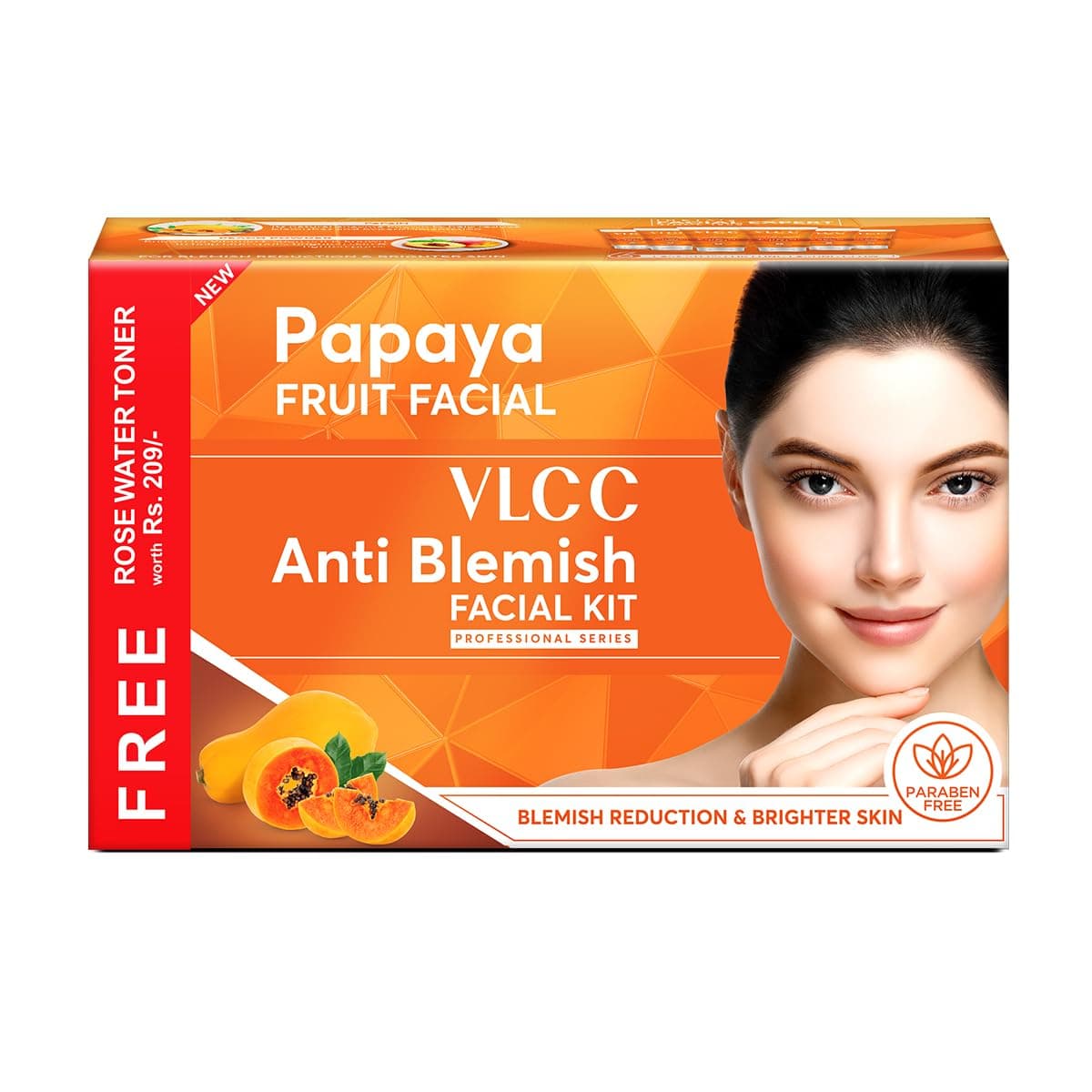 VLCC Papaya Fruit Facial Kit with FREE Rose Water Toner - 300g + 100ml | Glowing, Blemish Free Skin | With Papaya, Cucumber, Peach & Orange Peel Extracts | Glowing at Home Facial Kit.