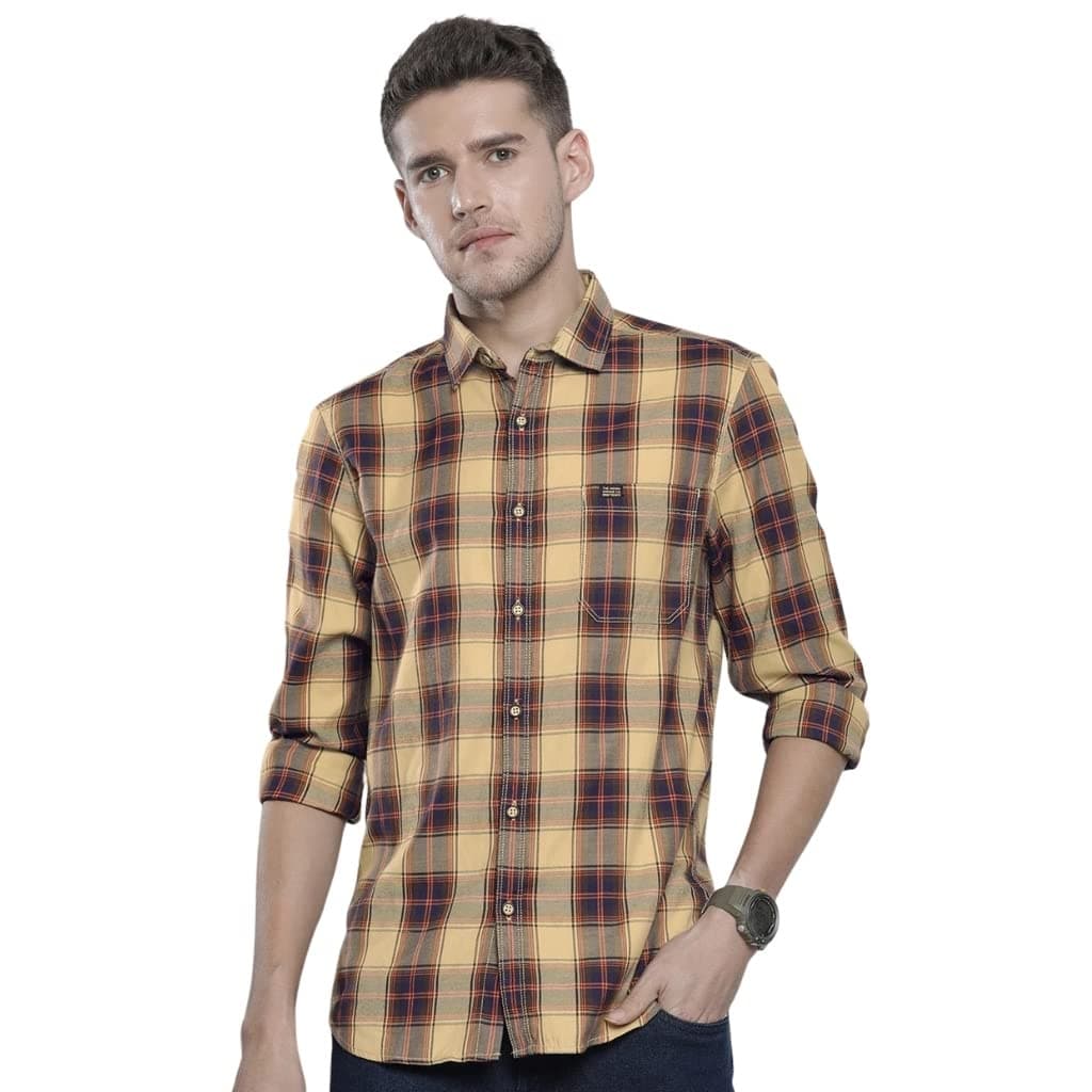 The Indian Garage Co Men Beige Checkered Slim Fit Cotton Casual Shirt