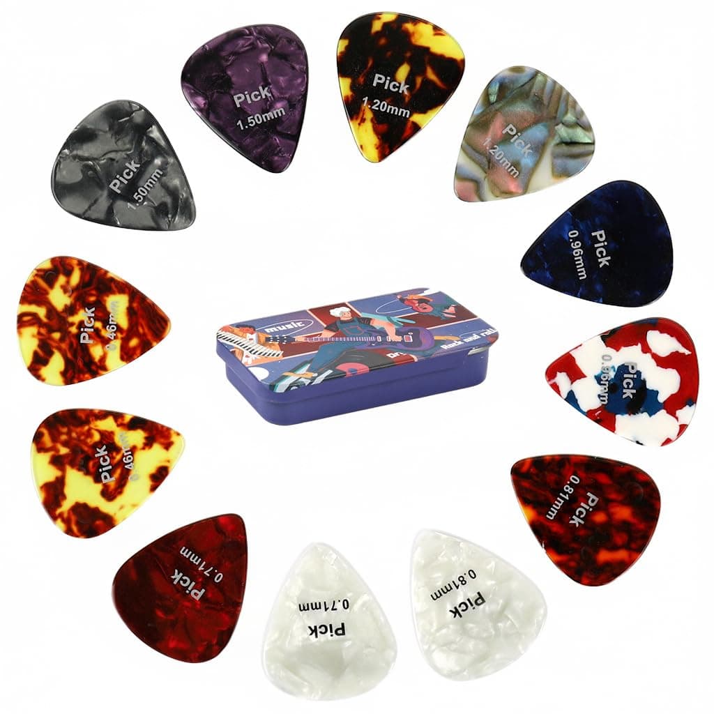 HASTHIP® 12 Pcs Guitar Picks Set with Metal Box - Multi Thickness Celluloid Plectrums for Acoustic & Electric Guitar (0.46-1.5mm) - Professional & Beginner Accessories (0.46/0.71/0.81/0.96/1.2/1.5mm)