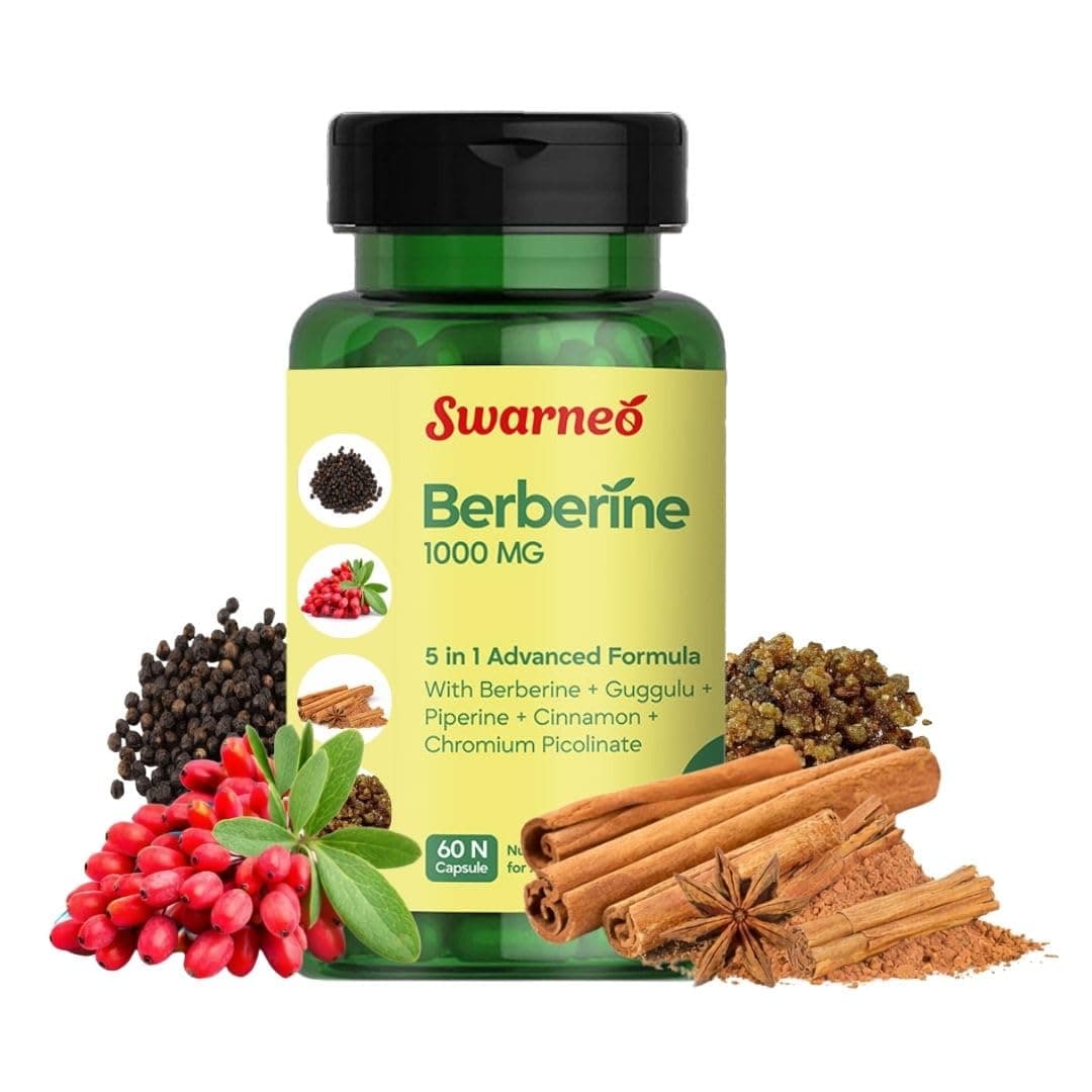 Swarneo Berberine 1000mg with Guggulu, Cinnamon, Piperine & Chromium | 5-in-1 Advanced Metabolic Health Formula | Supports Blood Sugar, Cholesterol, Weight Management & Gut Wellness | 60 Veg Capsules