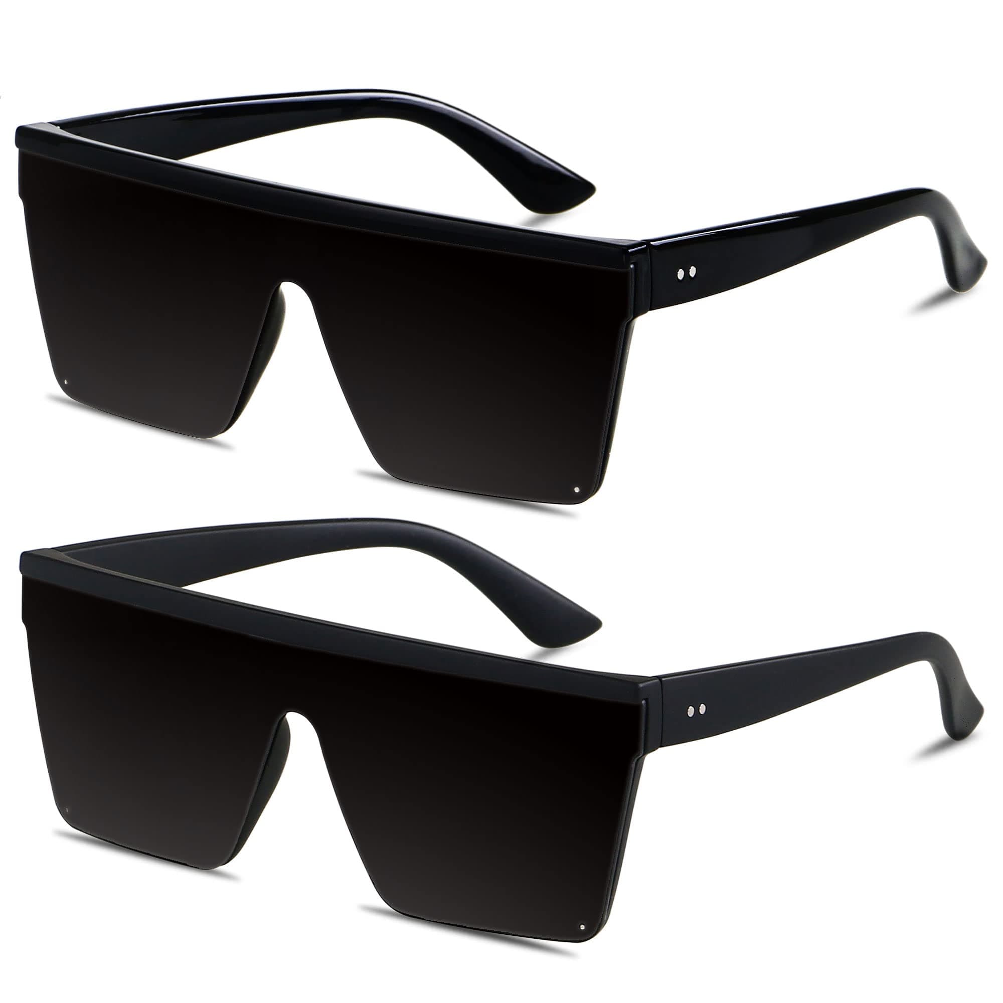 LYZOIT Square Oversized Sunglasses for Women Men Big Flat Top 2 pack Fashion Shield Large UV Protection Rimless Shades, (Super Dark Lens) Glossy Black + Matte Black | Category 4 Lens, Large