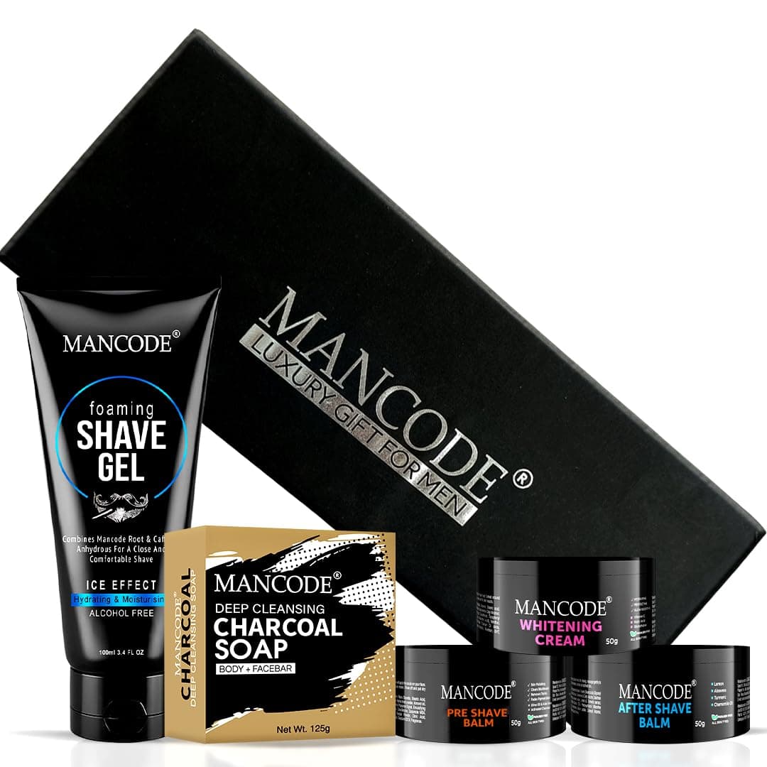 Mancode Shaving Kit Gift Set - The Complete Grooming Essentials | Perfect Gift for Men | Hydrates, Revitalizes Skin (Gel,Soap,Pre Shave & After Shave Balm,Whitening Crem) Stylish Gift Box Pack of 5