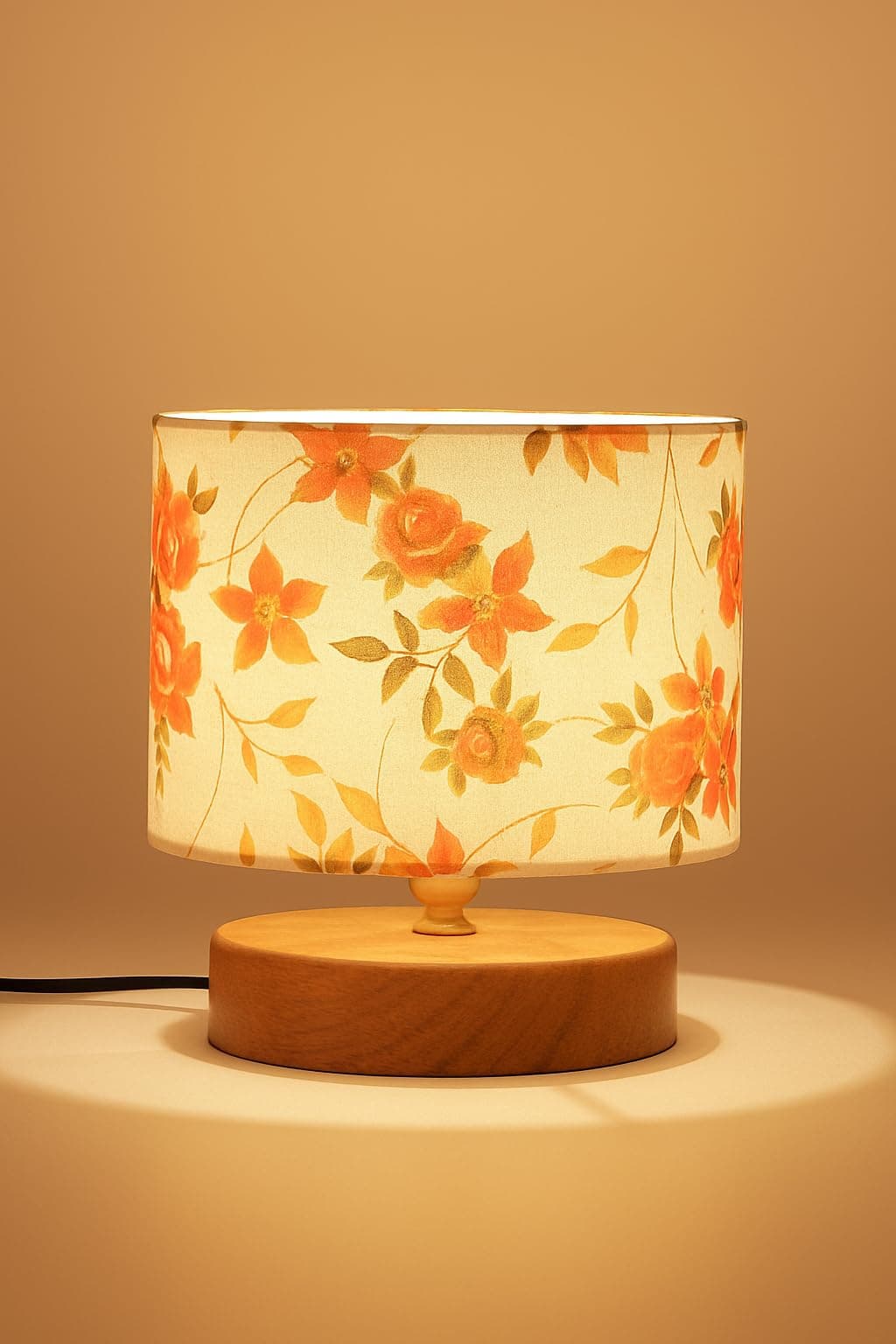 AMDHOME Rustic Floral Print Table Lamp Cotton Shade Table Lamp With Wooden Base - Height 7 Inches, Orange | Warm Ambient Light For Living Room, Bedroom, Home Decor, Study Lampshade,Fluorescent