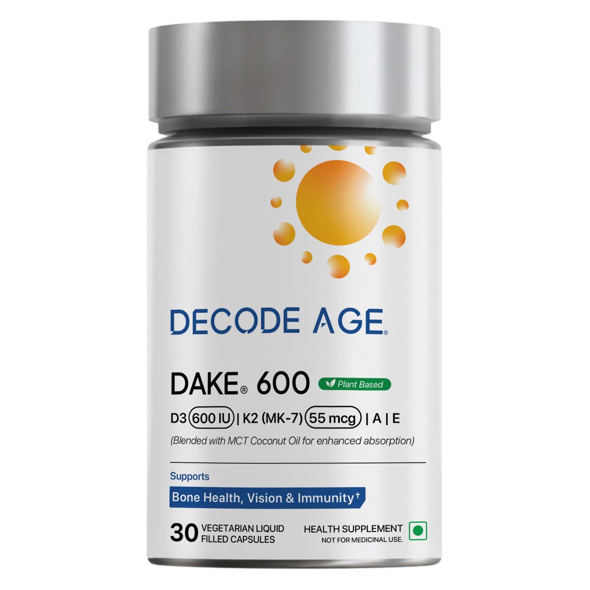 Decode Age DAKE 600 IU Multivitamin | Plant-Based Lichen D3, K2 (MK-7), A & E | Supports Bone, Vision, Immunity & Skin Health | With MCT Oil for Enhanced Absorption | (1, 30 Capsules)
