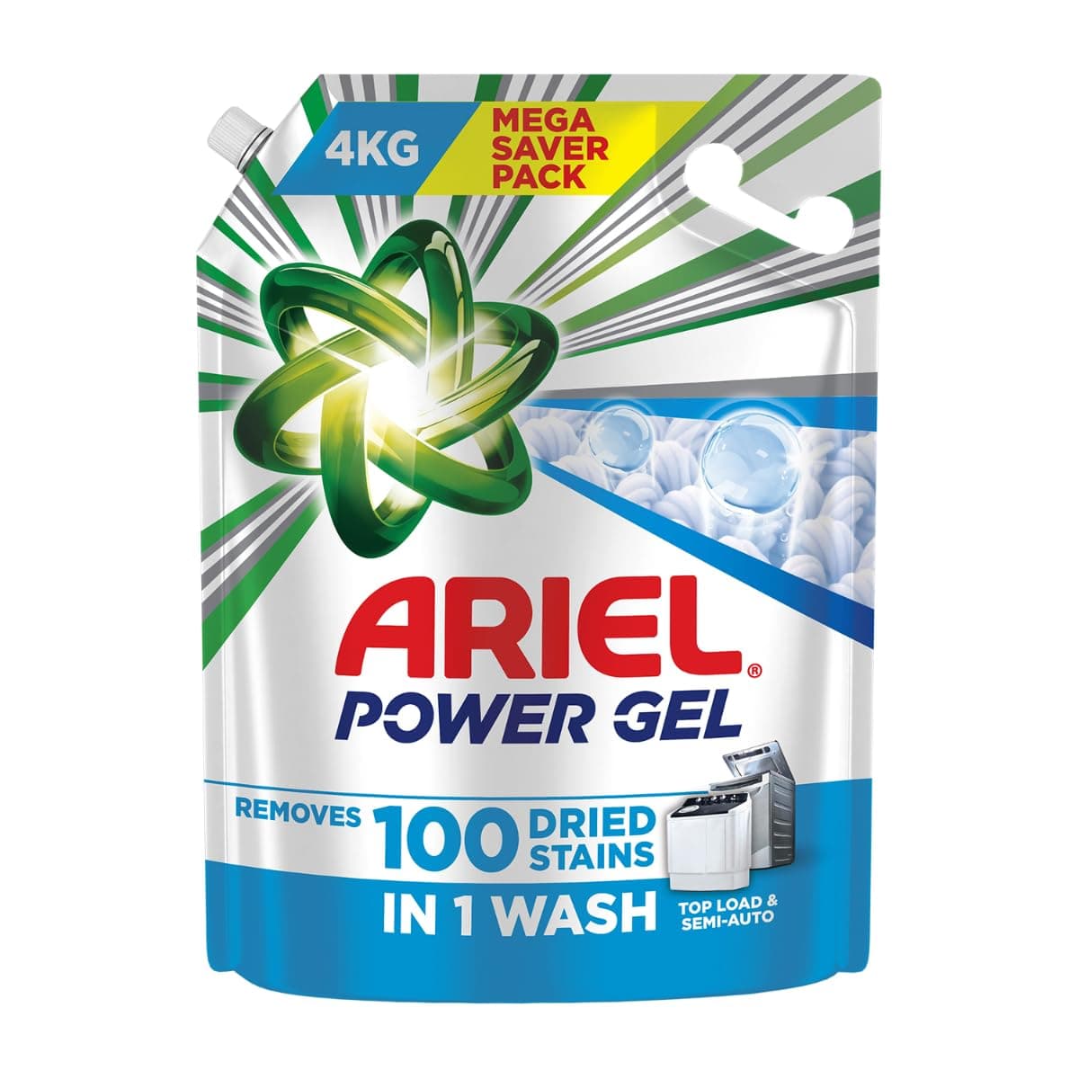 Ariel Power Gel Liquid Detergent for Top Load & Semi Auto – 4kg | Removes 100 Dried Stains in 1 Wash | Faster Dissolving | Long-Lasting Fragrance | Color Protection | At the price of Powders