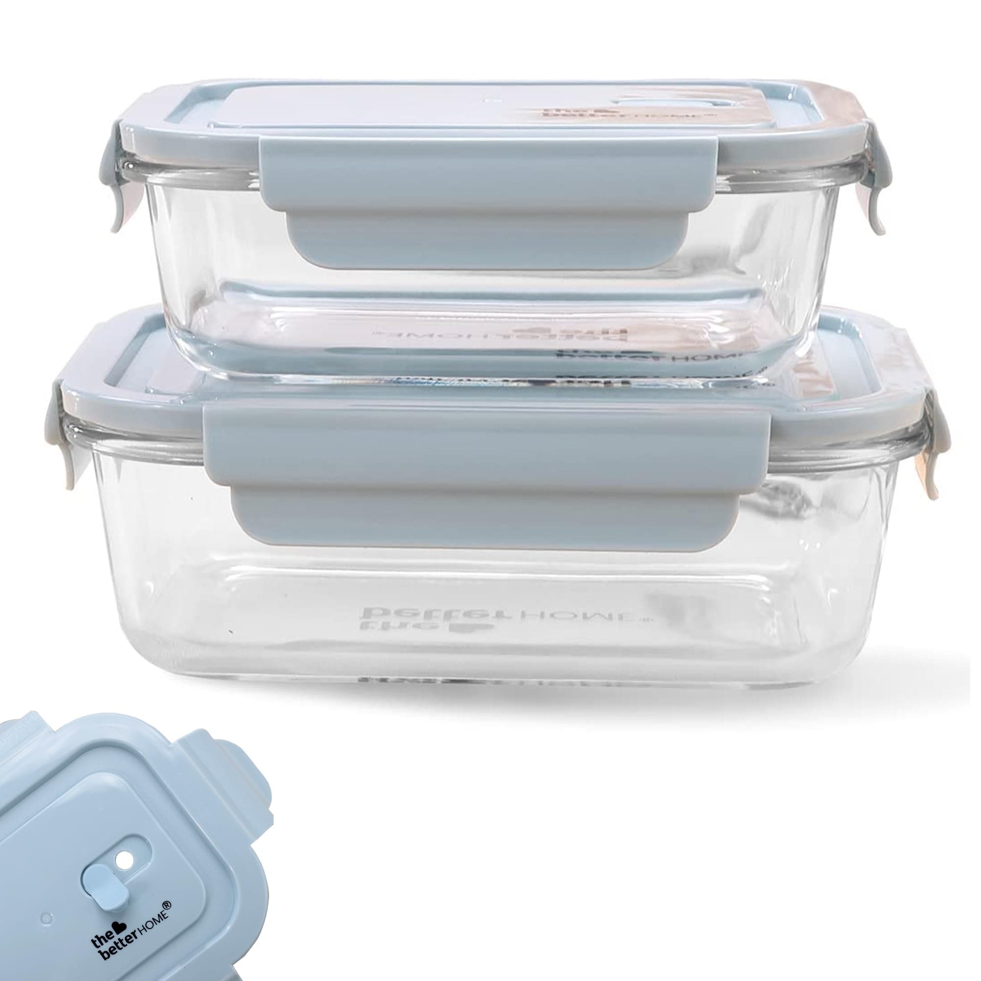 The Better Home Glass Airtight Container Set for Food Storage | Leak Proof | Air Tight Lunch Box for Office, Fridge & School | Durable Borosilicate Glass (680ml+1040ml - Pack of 2 (Blue))