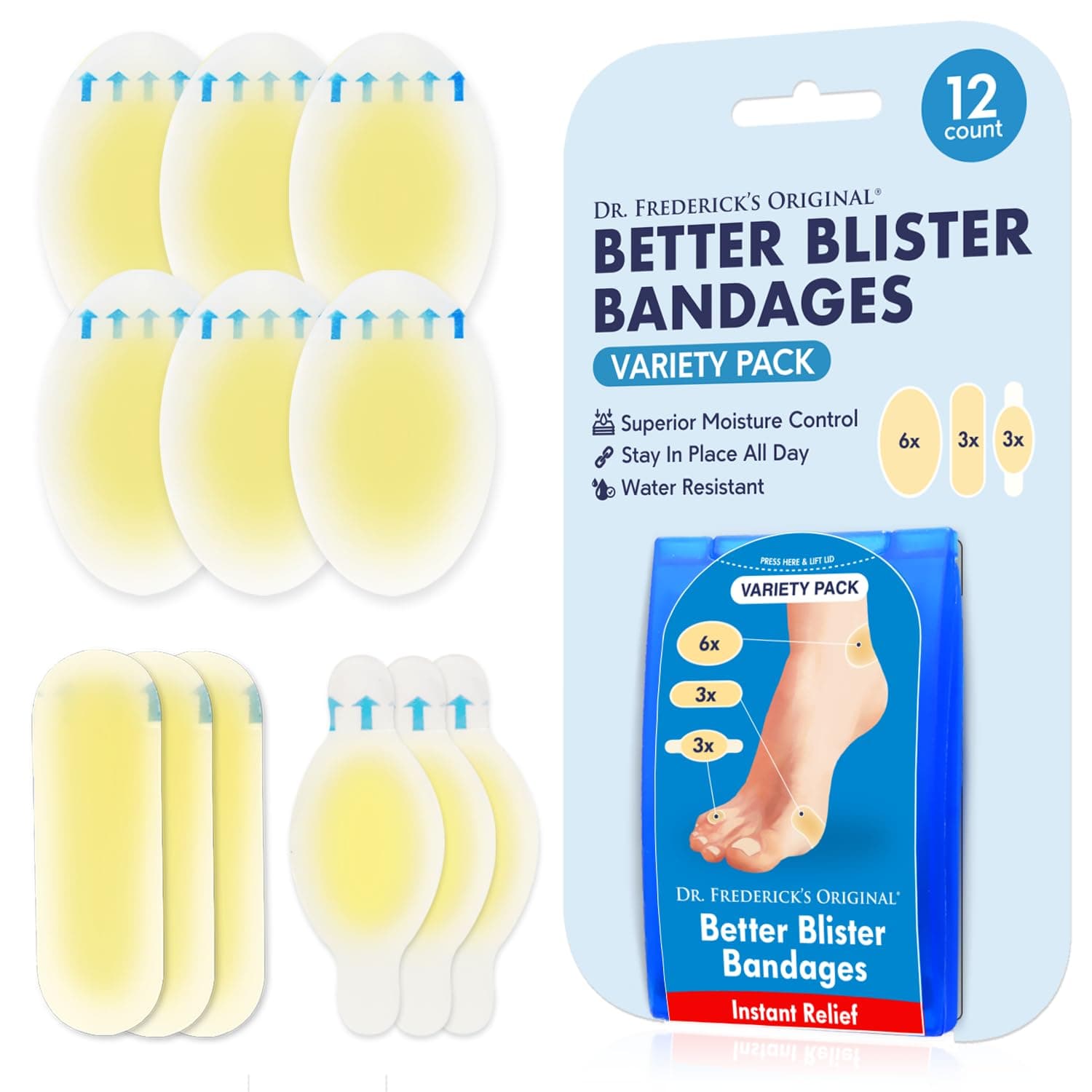 Dr. Fredericks Original Better Blister Bandages - 12 ct Variety - Waterproof Hydrocolloid Bandages for Foot, Toe, & Heel Blister Prevention & Recovery - Blister Pads