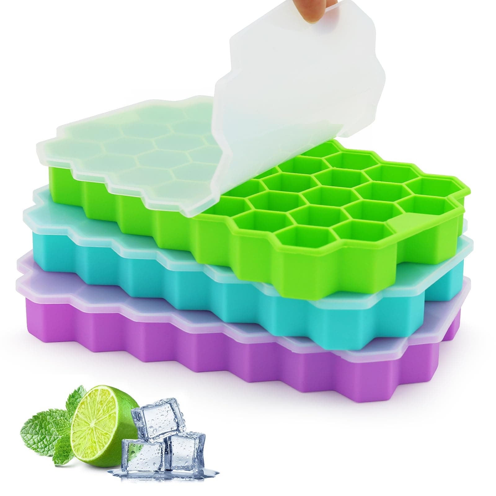 Azyh Ice Cube Trays for Freezer with Lid-37 Grid Silicone Ice Cube Tray with Lid for Small Ice Cube Molds, Easy-Release Reusable Ice Cube in Ice Bucket for Iced Coffee Cup, 3 Packs