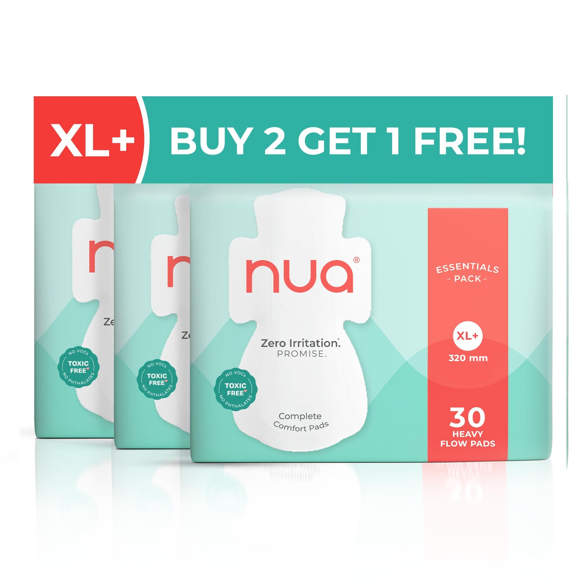 Nua Complete Comfort Sanitary Pads for Heavy Flow XL+ | Combo Pack of 90 Pads | (Buy 2 Get 1 Free) | Zero Irritation | 100% Toxin-Free | Essentials Super Saver XL+ | 4x Comfort | B2G1 | Pack of 3