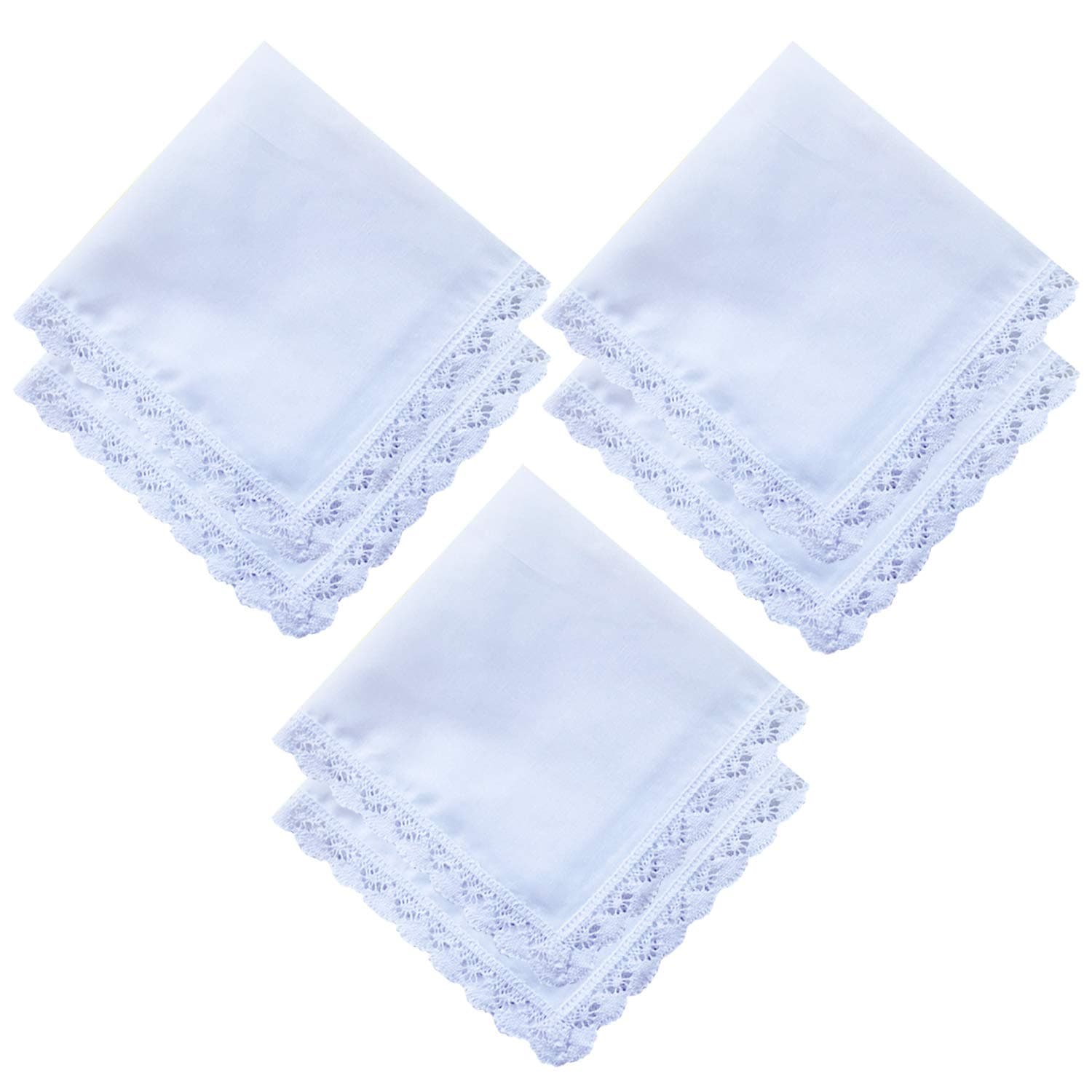 LACS Handkerchiefs Women's Embroidery Cotton Lace Border Handkerchief (White) - Pack of 6