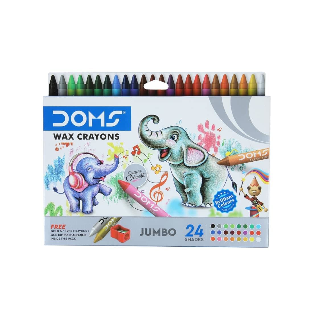 Doms 24 Shades Jumbo Wax Crayons | Smooth & Even Shading | Bright & Playful Colors | Free One Sharpner, Gold & Silver Crayon Inside | Non-Toxic & Safe for Childrens | Pack of 1
