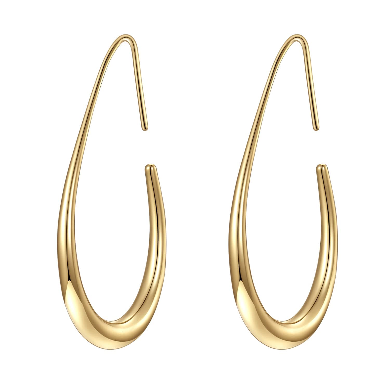 Lightweight Teardrop Hoop Earrings for Women - 14k Gold/White Gold Plated Large Oval Pull Through Hoop Earrings High Polished Statement Jewelry Gift for Women, Large, Metal, No Gemstone