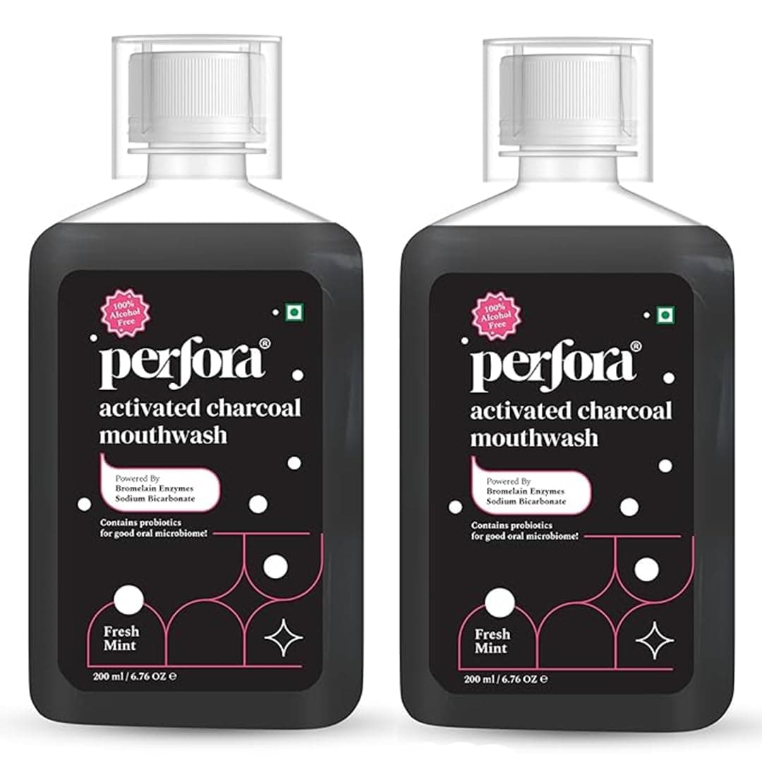 Perfora Activated Charcoal Teeth Whitening Mouthwash - 200ml X 2 | Alcohol-Free Mouth Wash Liquid With Sodium Bi-Carbonate & Hyaluronic Acid | Freshens Breath & Removes Germs | Mouthwash For Oral Care