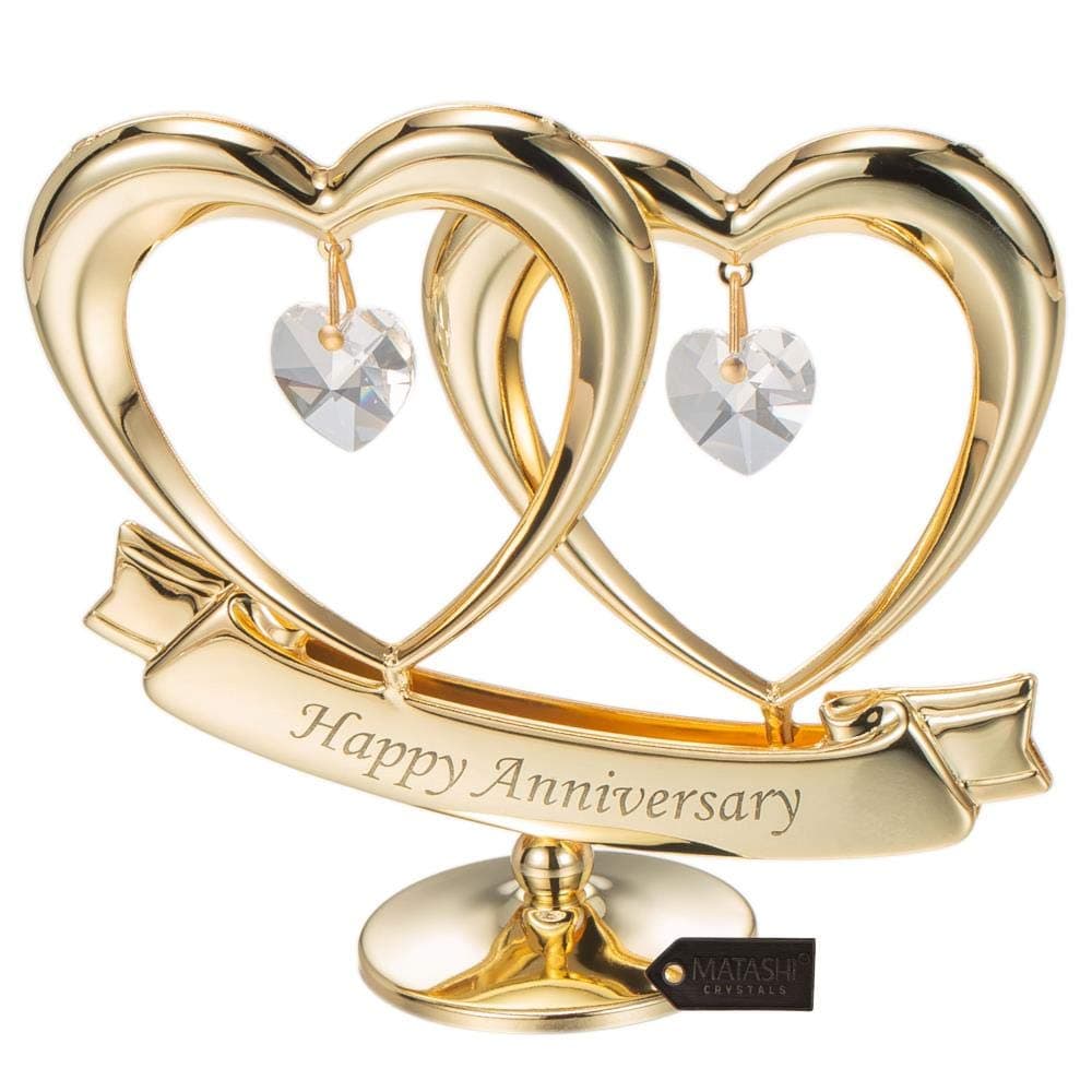 Matashi 24K Gold Plated "Happy Anniversary" Double Heart Table Top Ornament With Clear-Cut Crystals