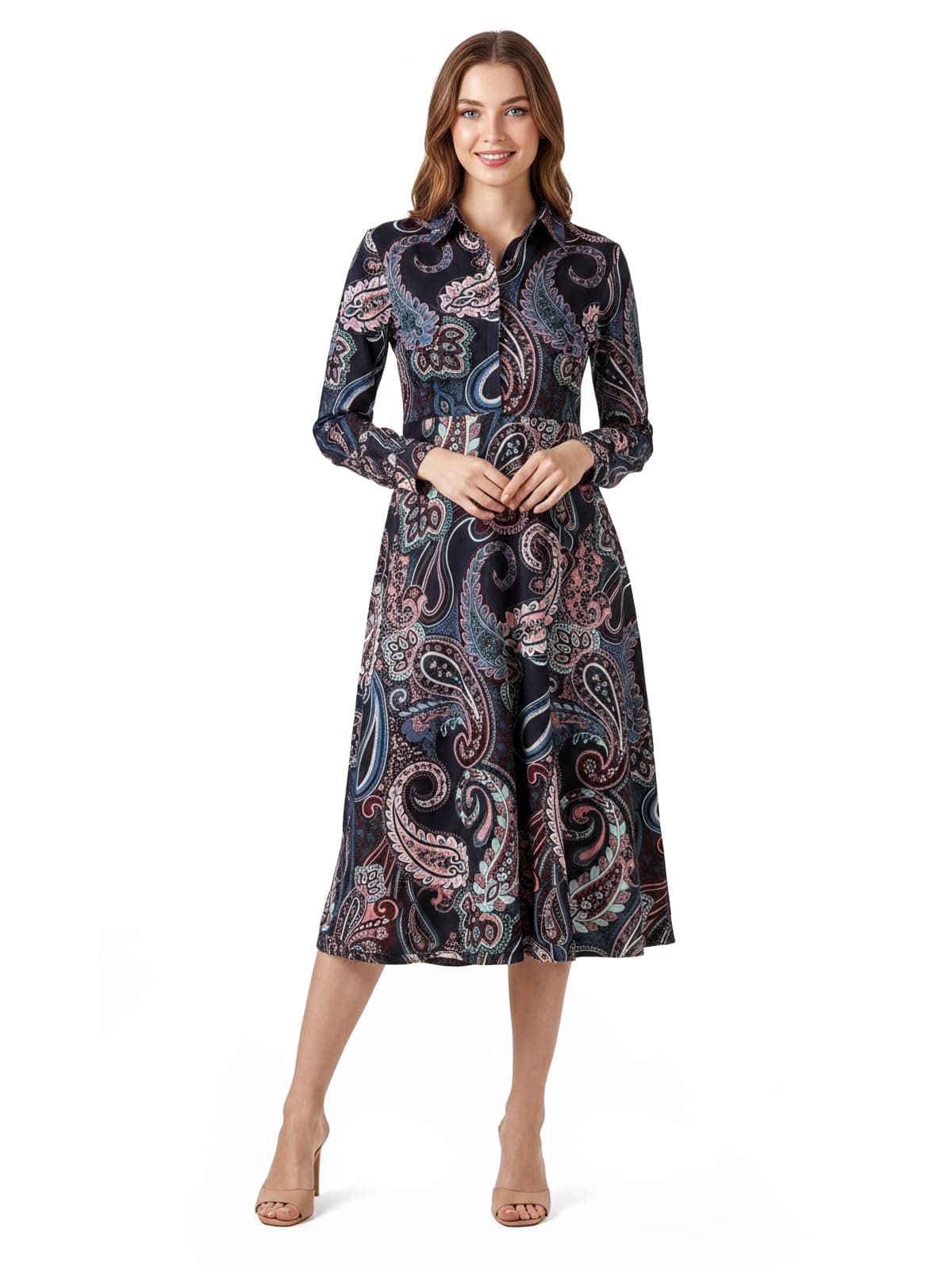 HELLCAT Shirt Collar Dress for Women | Western A-Line Midi Cotton Blend Dress | Stylish Full Sleeve Short Dress