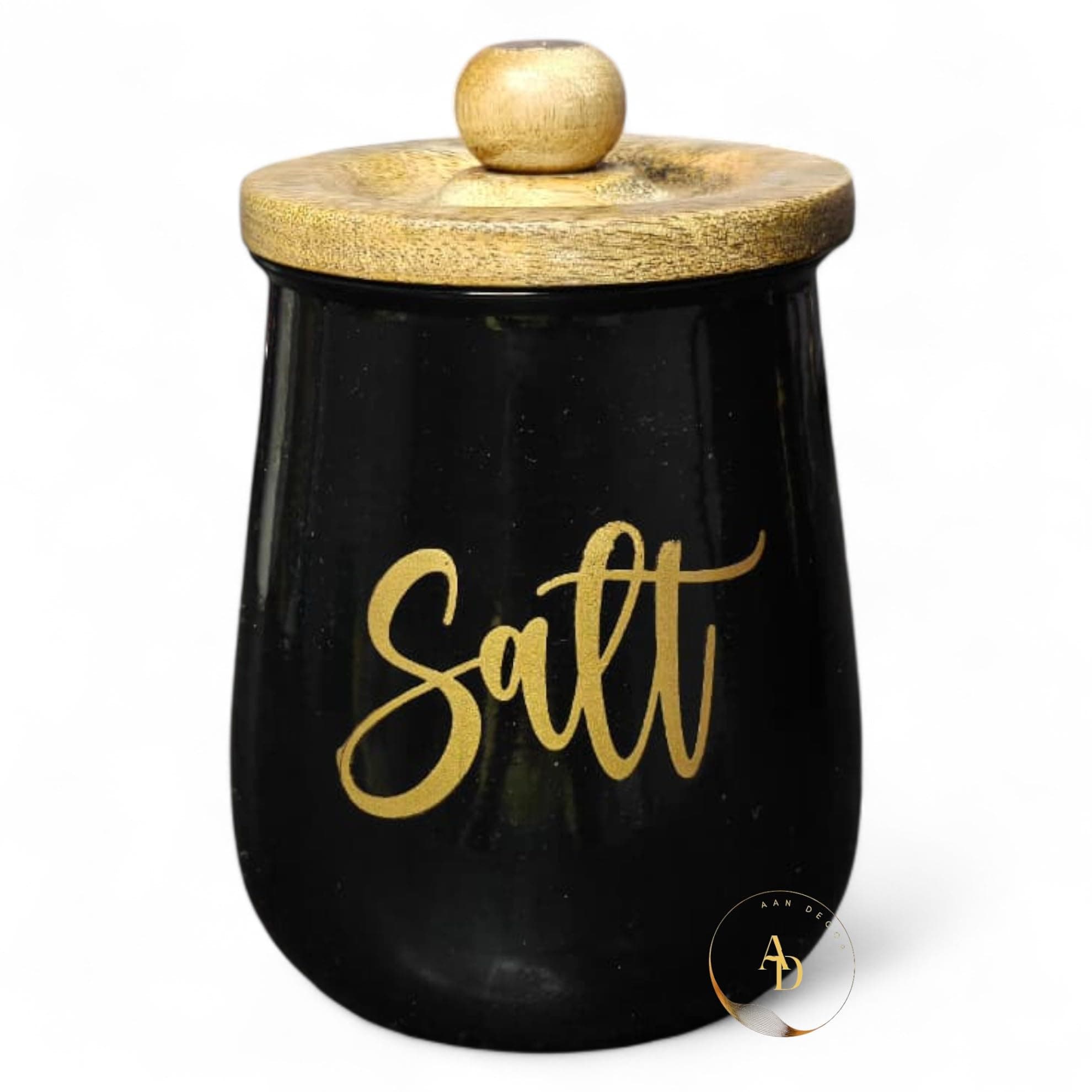 AAN DECOR Black Salt Container with Wooden Lid, Airtight Kitchen Storage Jar, 800ml Capacity, 10x10x15cm, Food Safe