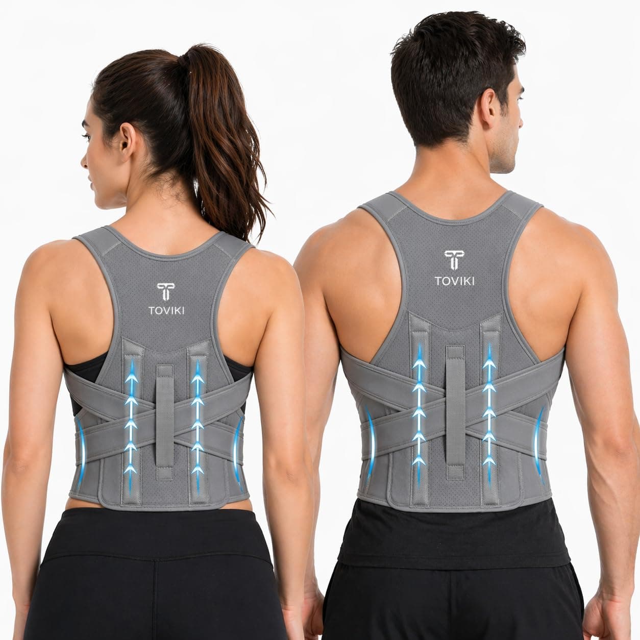 TOVIKI Posture Corrector Belt for Men & Women | Adjustable Back Brace | Breathable Neoprene | Relieves Kyphosis, Neck Hump, Rounded Shoulders & Cervical Spondylosis | Upper Back & Shoulder Support | Universal Size (28–52") | Grey