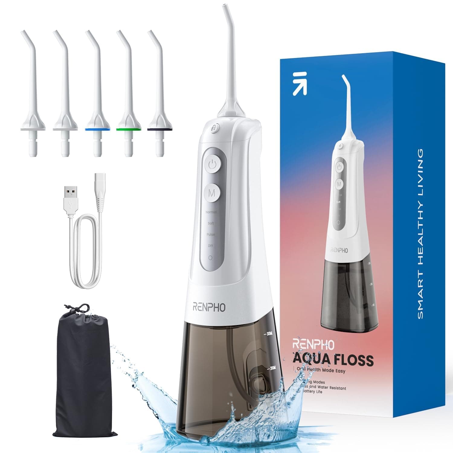 RENPHO Water Dental Flosser Teeth Cleaning, Cordless Oral Irrigator 300ML Portable Rechargeable Electric Waterflosser with 4 Modes 5 Jet Tips, IPX7 Waterproof, USB, Teeth Cleaner Pick for Home Travel.