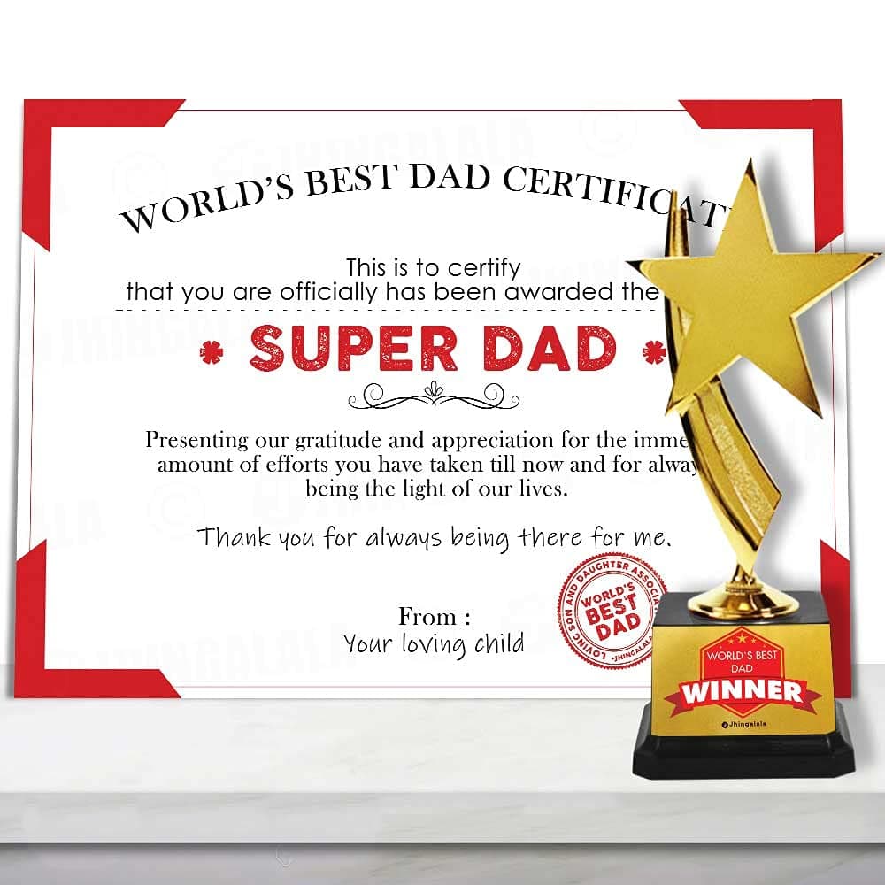 Jhingalala Gift for Father | Super Dad Certificate with World's Best Dad Winner Trophy | Gift for Father, Papa, Dad on Birthday, Father's Day (Size: A6, 10 x 15 cm, Unframed)